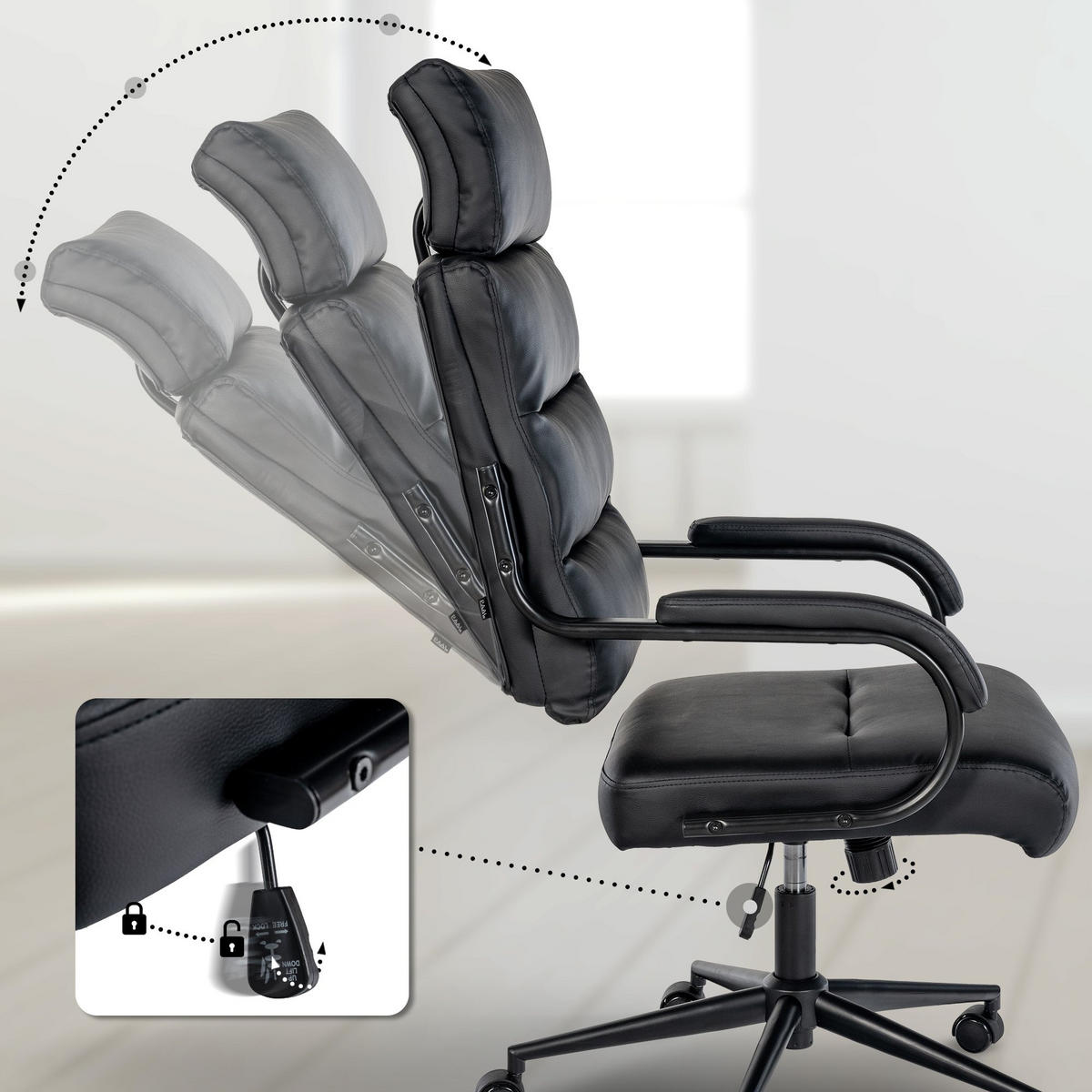 DREHSTUHL Lederlook Schwarz/Schwarz - Chromfarben/Schwarz, Textil/Metall (61/119/78cm) - CLP