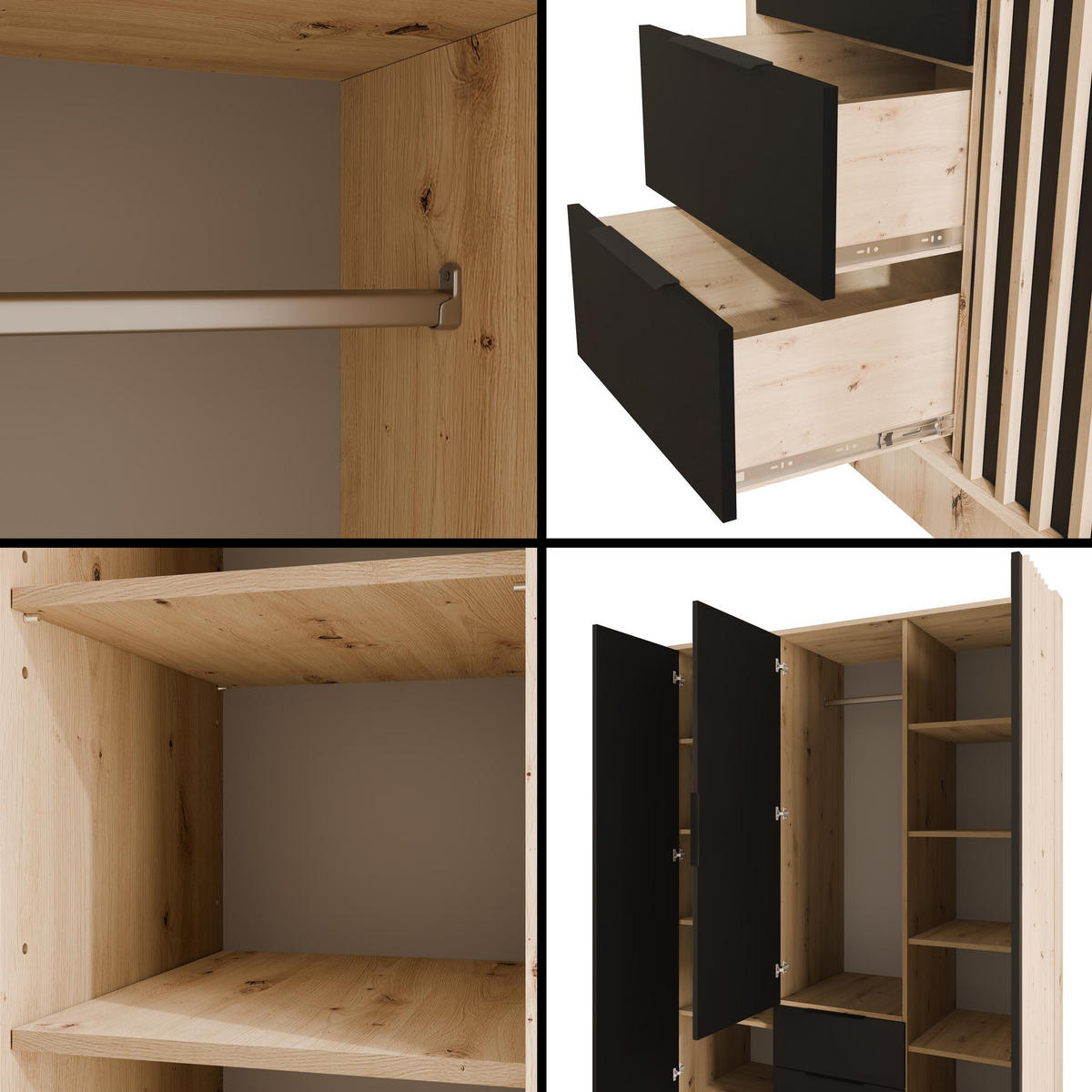 KLEIDERSCHRANK NELIA - 150 cm - Schwarz/Eiche Artisan, Holzwerkstoff (150/200/51cm) - ALTDECOR