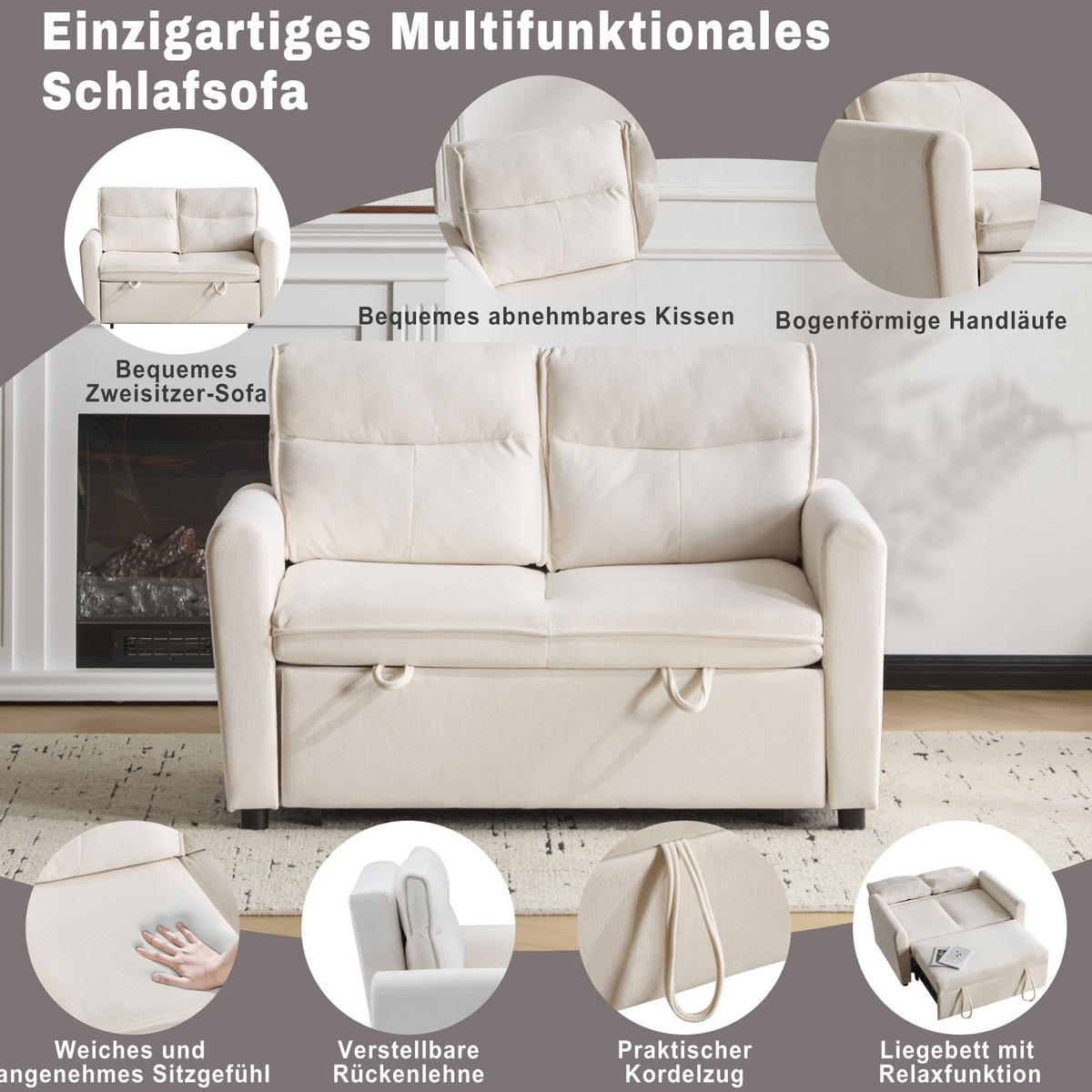 SCHLAFSOFAS mit abnehmbaren Kissen und verstellbarer Rückenlehne - Beige, Holzwerkstoff/Textil (127/87/90cm) - Urban Meuble