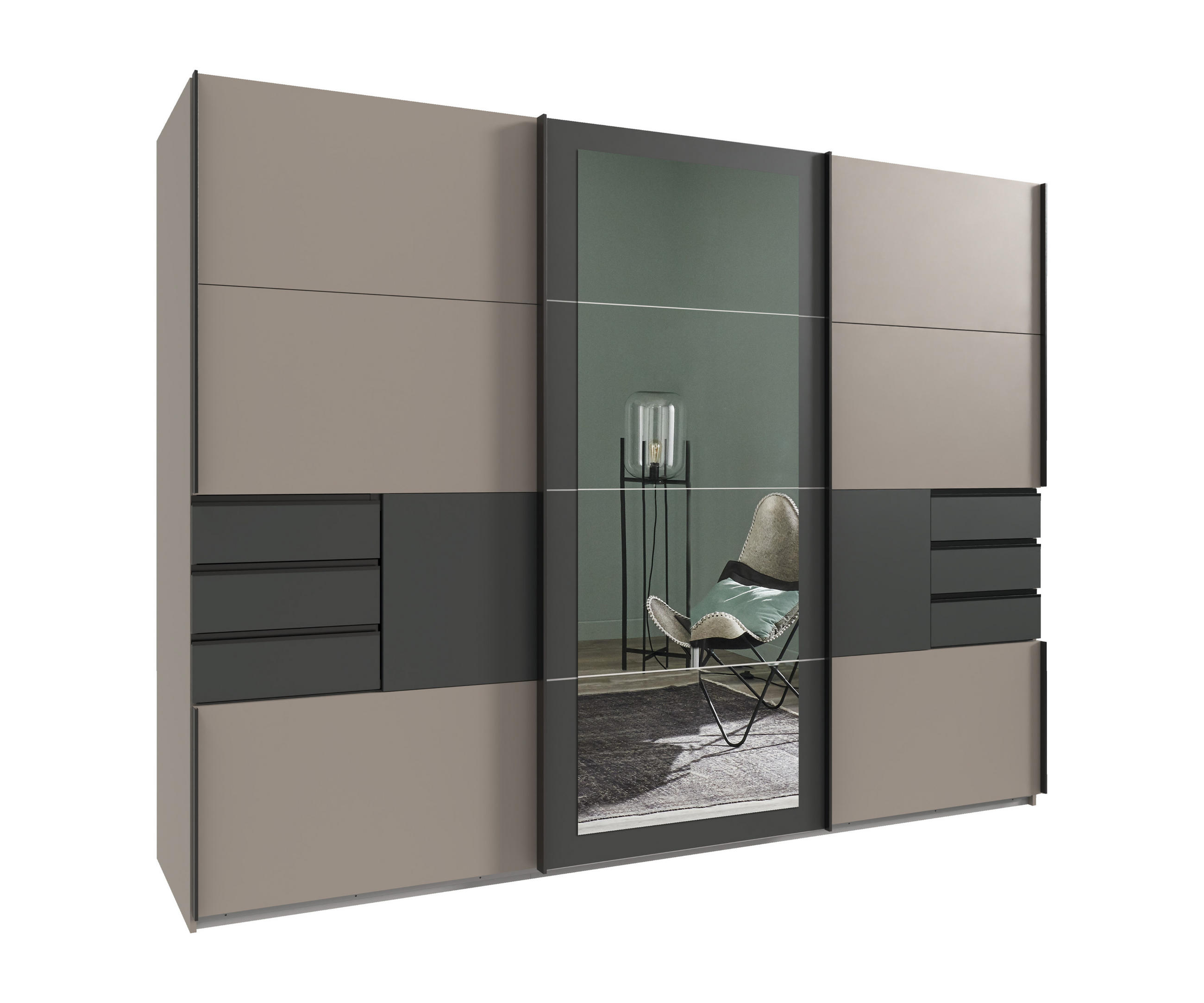 luma-home SKŘÍŇ S POSUVNÝMI DVEŘMI, 3dveřová, 270 × 208 × 64 cm (Š×V×H), v pískově šedé barvě s grafitovými akcenty, zrcadlem a zásuvkami / 22507