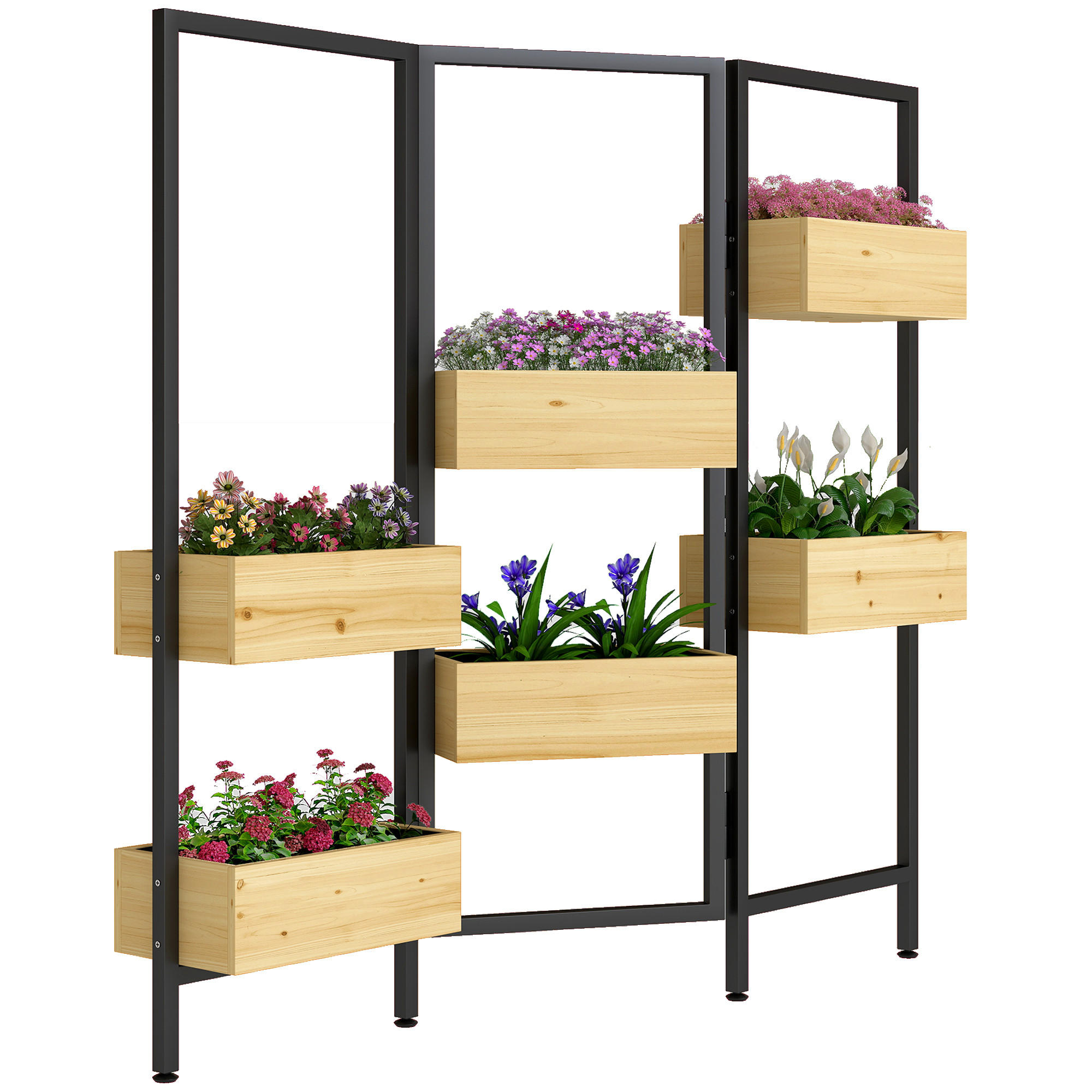 HOCHBEET DE-12296 mit 6 Pflanzenkübeln klappbar, 3-teilig Natur - Naturfarben, Holz (116/112/20cm) - ComfortXL
