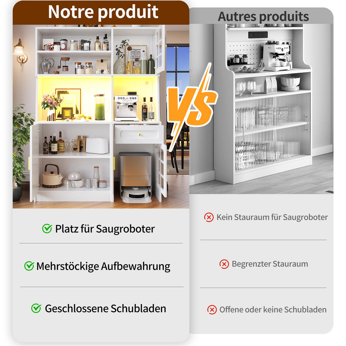 BUFFETSCHRANK 130/45/180 cm aus MDF mit LED-Beleuchtung, Glastüren und Stauraum für Saugroboter, Weiß - Weiß, Holzwerkstoff (130/180/45cm) - Redom