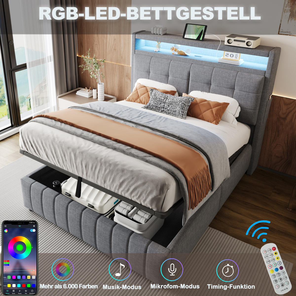POLSTERBETT 140/200 cm Grau aus Leinenstoff mit LED-Beleuchtung und USB-Anschluss - Grau, Textil (140/200cm) - OKMYHOME