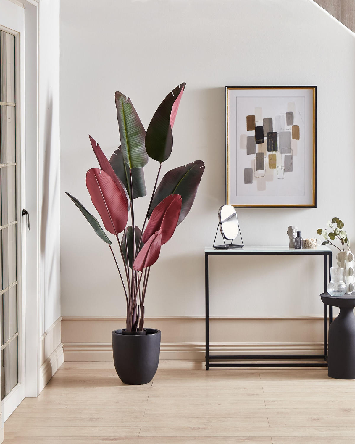 KUNSTPFLANZE im Blumentopf 163 cm Grün Banana Tree - Rot/Schwarz, Kunststoff (163cm) - Beliani