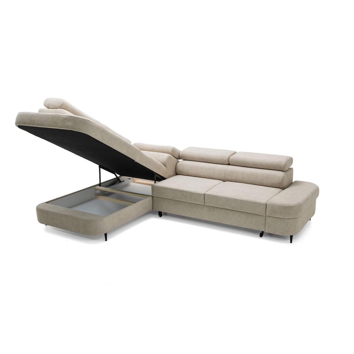 ECKSOFA PRIAM L Links mit Schlaffunktion 125x195 Velours Beige - Beige/Schwarz, Holz/Textil (203/275cm) - Muffo
