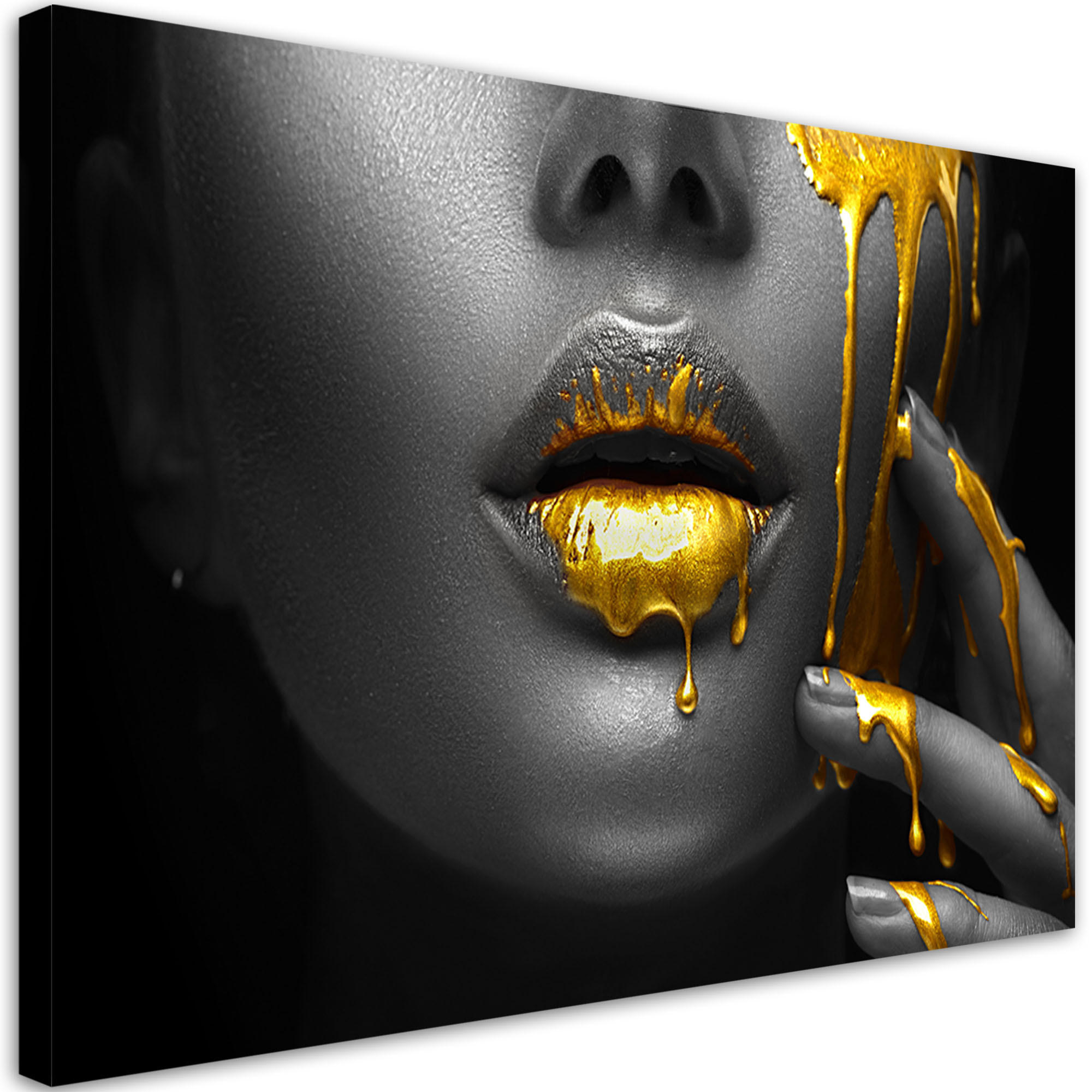 LEINWANDBILD Goldene Lippen, Frau, Abstraktion 100x70cm - Schwarz, Textil (100/70cm) - Feeby