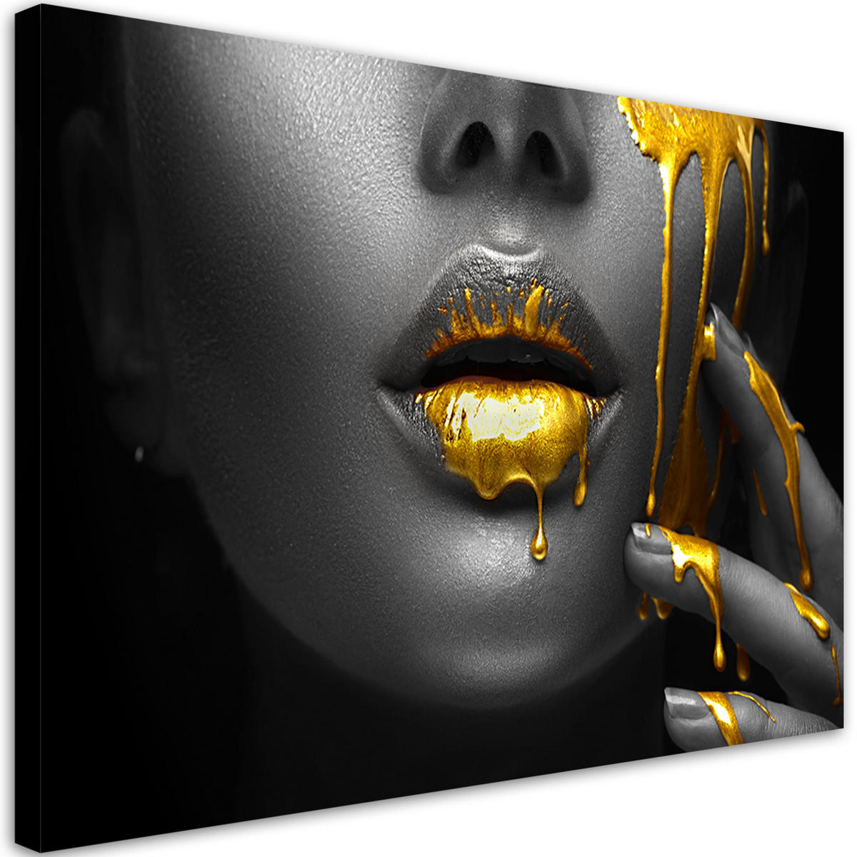 LEINWANDBILD Goldene Lippen, Frau, Abstraktion - Schwarz, Textil (100/70cm) - Feeby