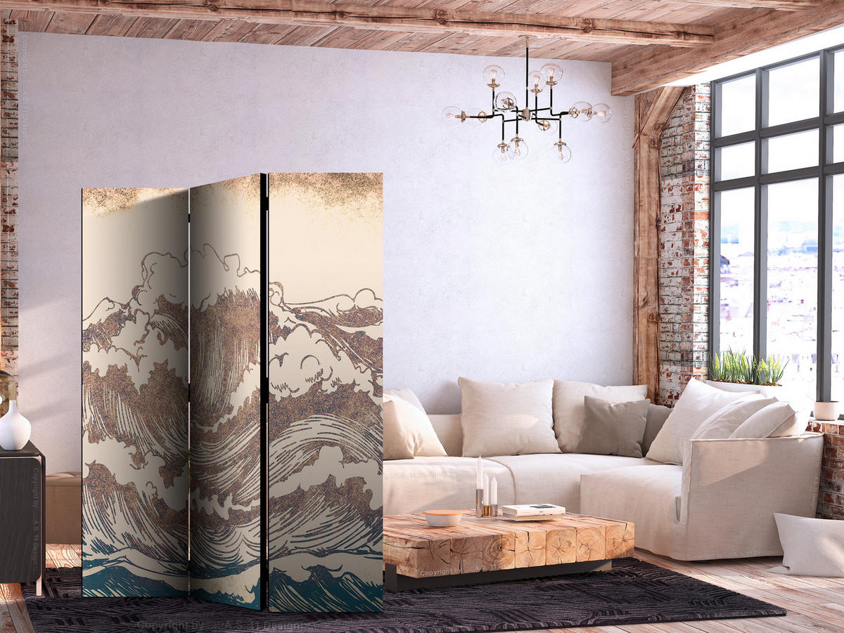 PARAVENT Beidseitig Bedruckter 3-tlg 135x172 cm Ozeanwellen Retro - Beige, Holz/Textil (135/172/3cm) - Muralo