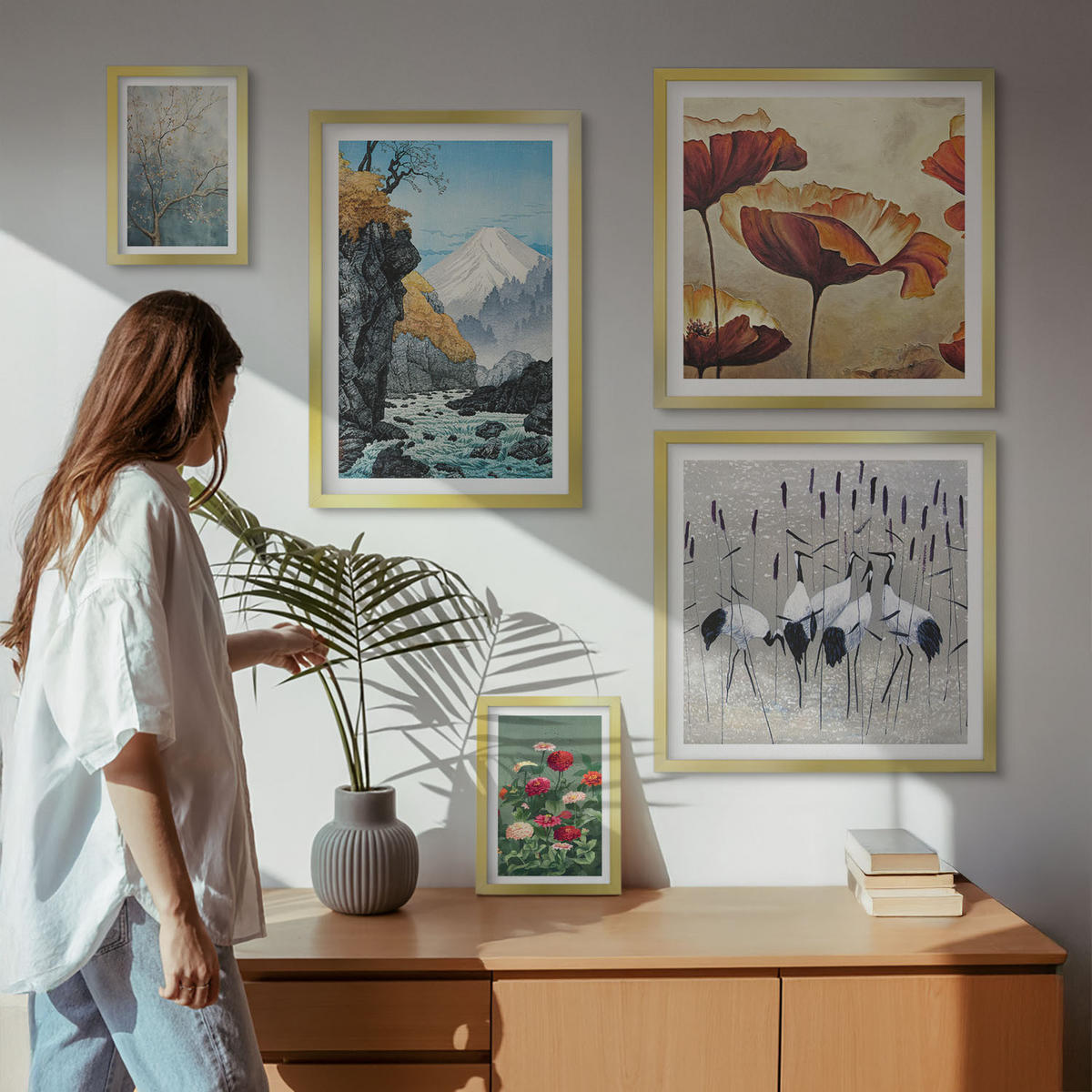 WANDBILDER 5er Set - 50x50 cm & 20x30 cm & 40x60 cm Goldrahmen - Tropische Pflanzen, Pflanzenliebhaberin - Goldfarben, Kunststoff (40/60cm) - ArtPrintCave