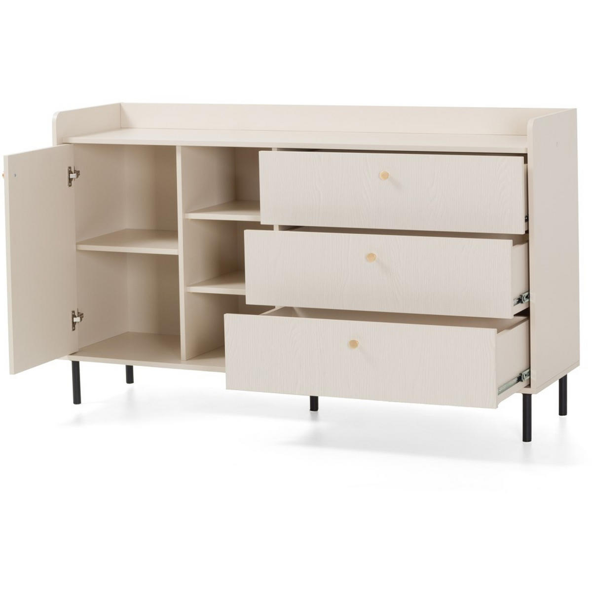 KOMMODE Gloria mit 3 Schubalden und offenen Regalen - Beige/Schwarz, Holzwerkstoff/Metall (153/91/42cm) - Beautysofa