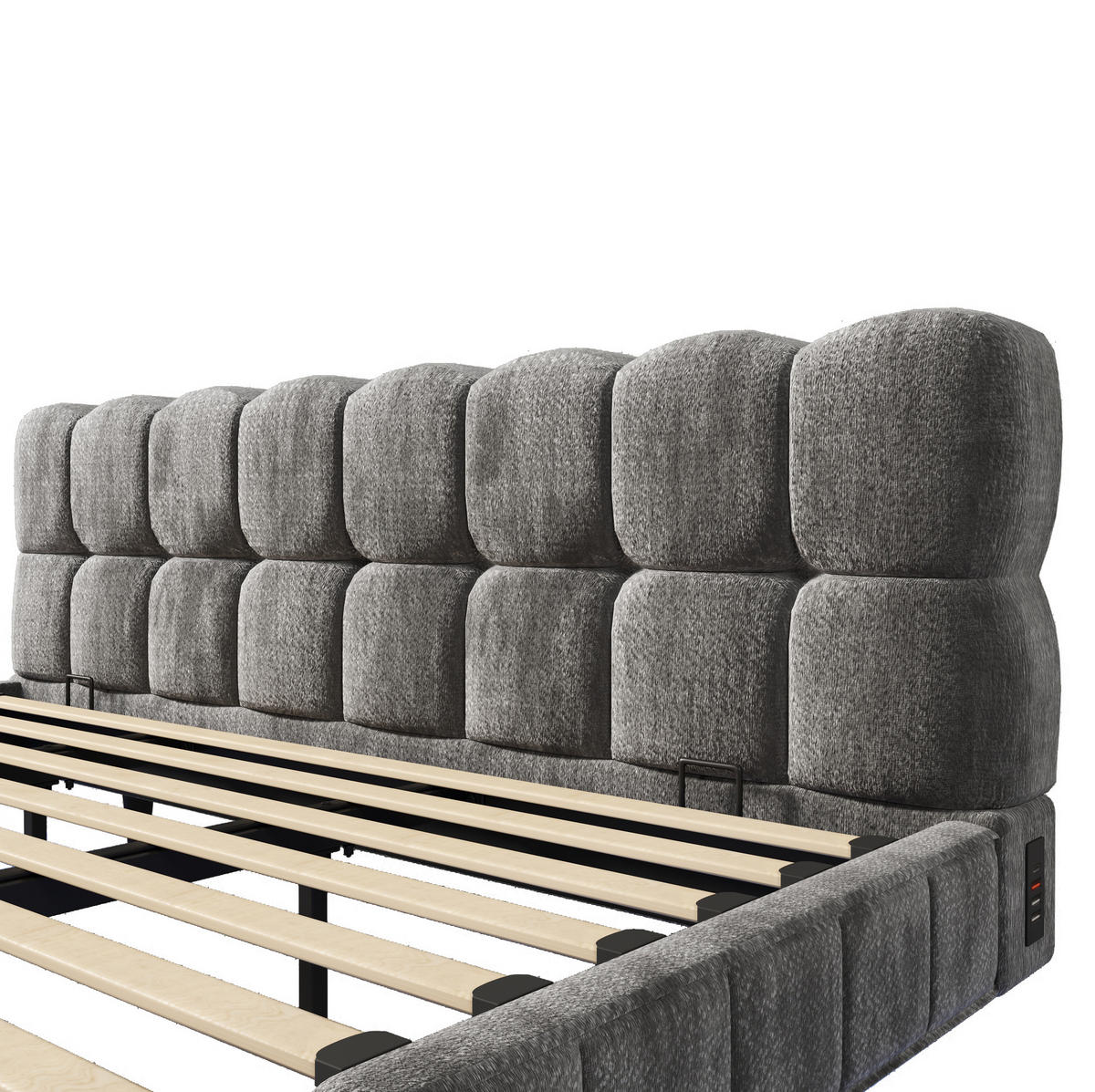 POLSTERBETT aus Chenille 180x200 cm Grau mit Bettkasten, LED-Beleuchtung und USB-/Typ-C-Anschlüssen - Grau, Textil (180/200cm) - Modfu