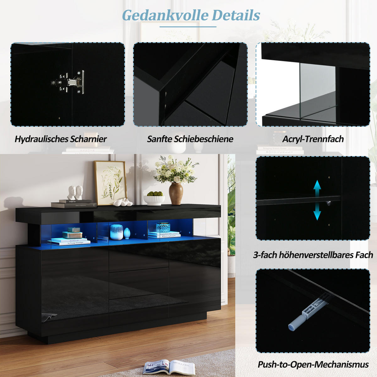 SIDEBOARD LED Schwarz Hochglanz Acryl 140x35x80cm Kaffeebar - Schwarz, Holzwerkstoff (35/80/140cm) - FLIEKS