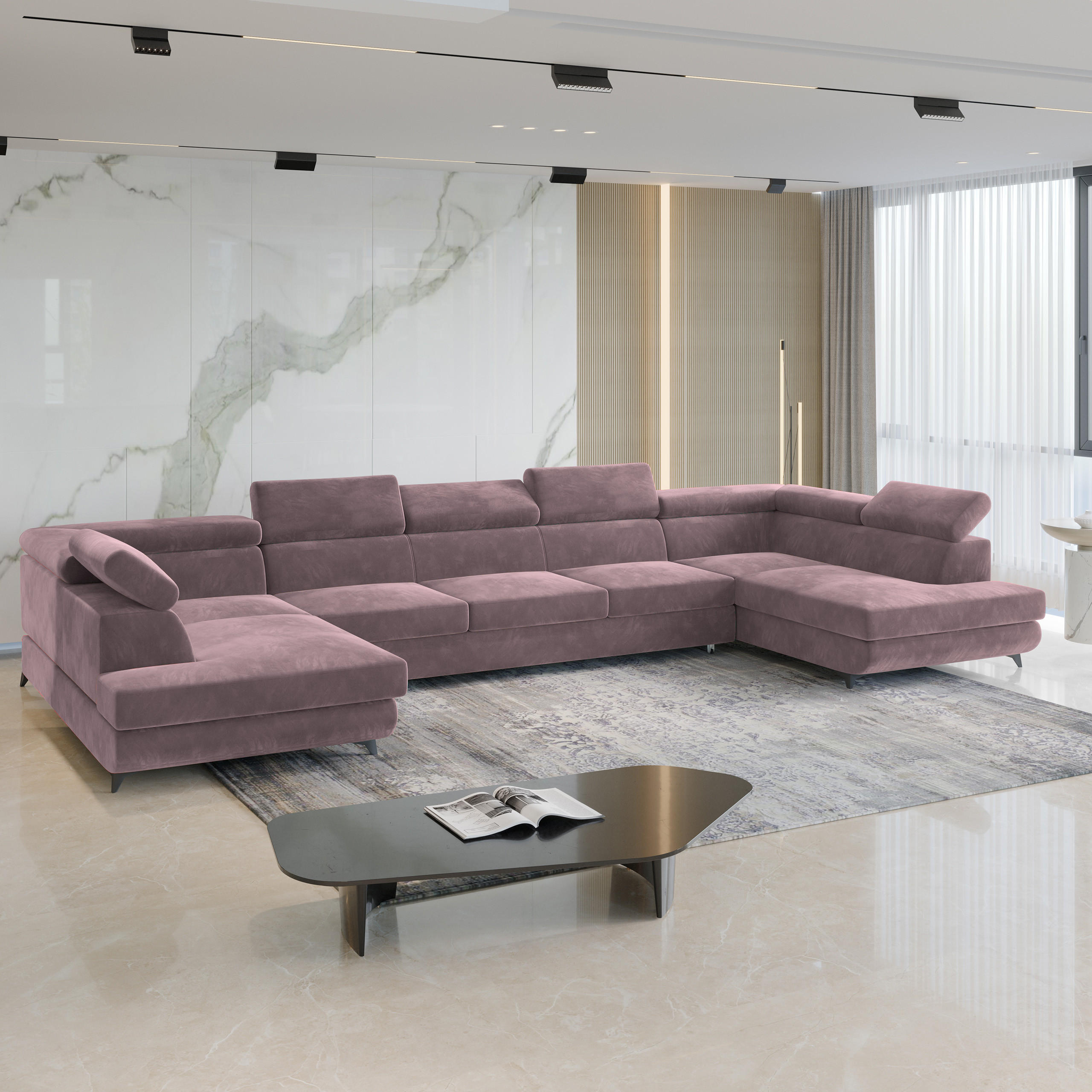 WOHNLANDSCHAFT URMANO Lila Velours-Stoff mit Schlaffunktion - Lila, Holz (395/89/190cm) - MASSENO