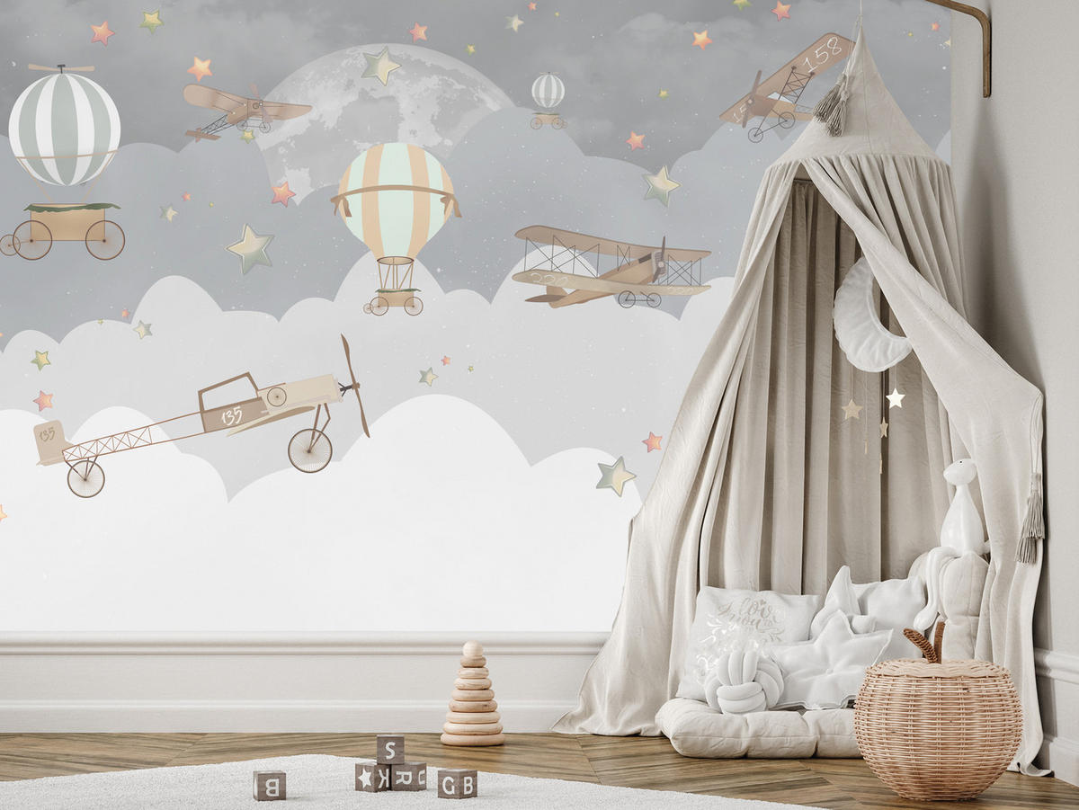 FOTOTAPETE für Kinderzimmer Ballons Wolken Flugzeug Himmel Sterne 250x175 - Multicolor, Papier (250/175cm) - Muralo