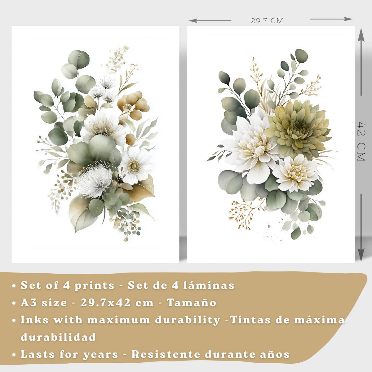 PLAKAT Sada 4 boho botanických uměleckých tisků. Akvarelové květinové nástěnné umění. Velikost Černý rám A3 - černá, papír (29.7/42/3cm) - Nacnic