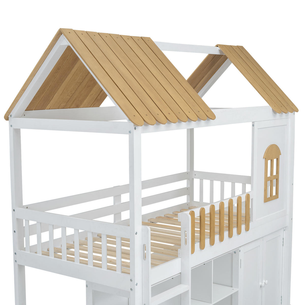 ETAGENBETT 90/200 cm in Weiß & Natur mit Schrank, Regal und Fenster aus Kiefer & MDF - Weiß/Naturfarben, Holz/Holzwerkstoff (90/200cm) - CHICFURN
