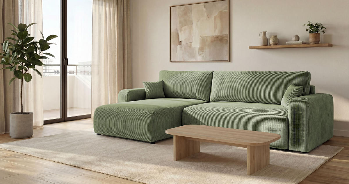 ROHOVÁ pohovka BERLIN levá světle zelená manšestr Poso 47 - funkce spaní, úložný prostor - světle zelená, textil (285/185cm) - Cornero