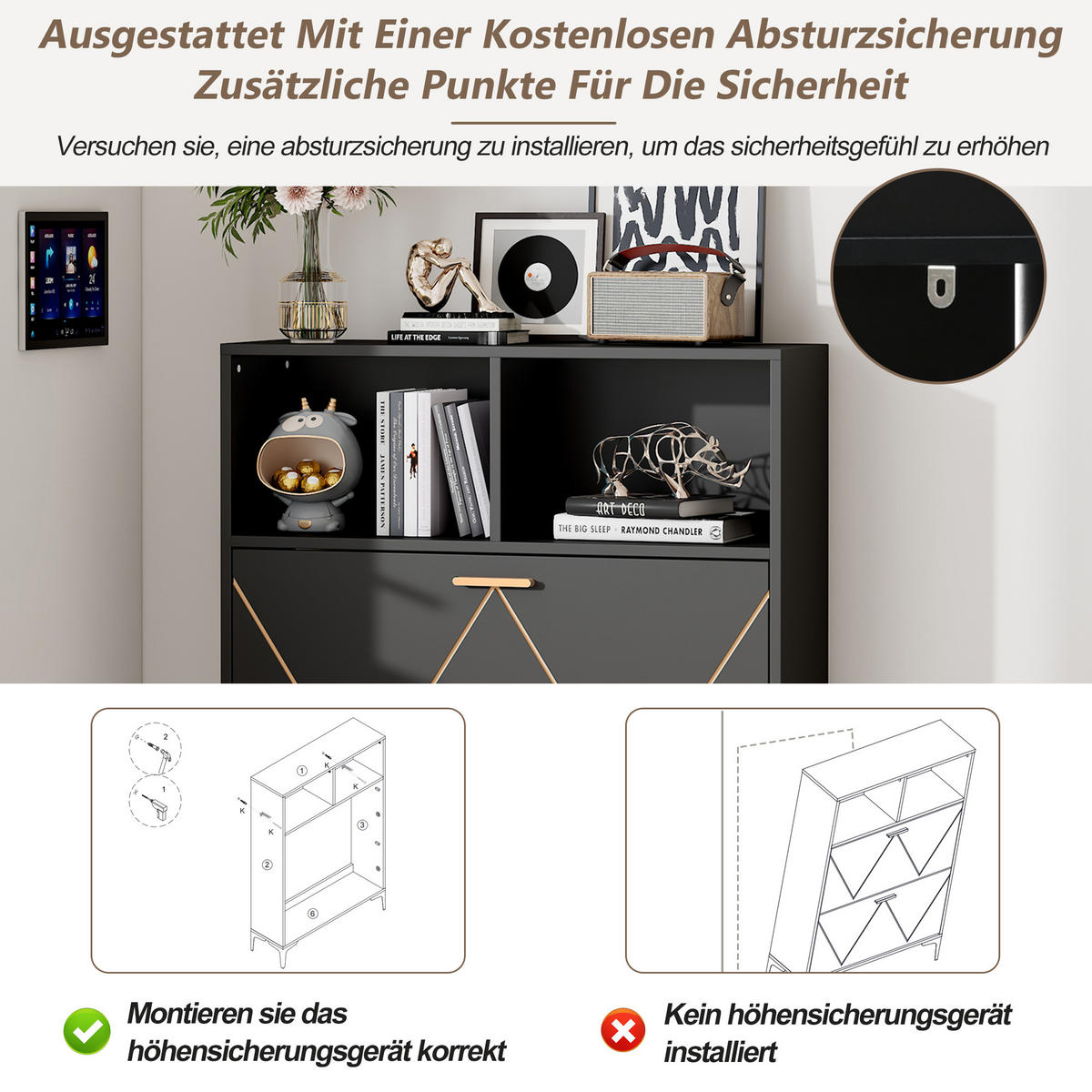 SCHUHSCHRANK 4 Klappen 8 Fächer MDF Metall Sideboard modern - Schwarz, Holzwerkstoff (25/117/160cm) - FLIEKS