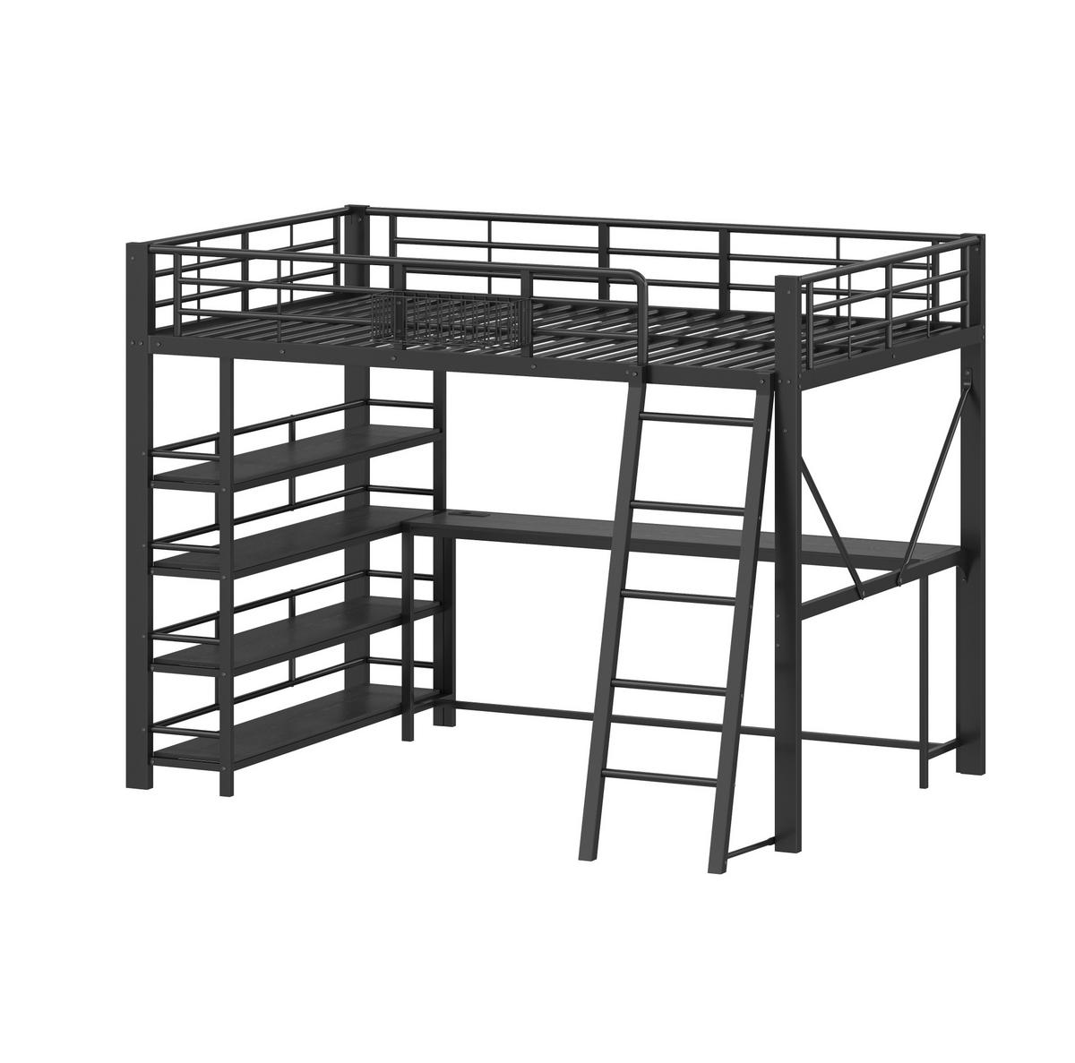 HOCHBETT aus Metall und MDF 140x200 cm Schwarz mit Schreibtisch, LED-Beleuchtung und Stauraum - Schwarz, Holzwerkstoff (140/200cm) - IVMEU