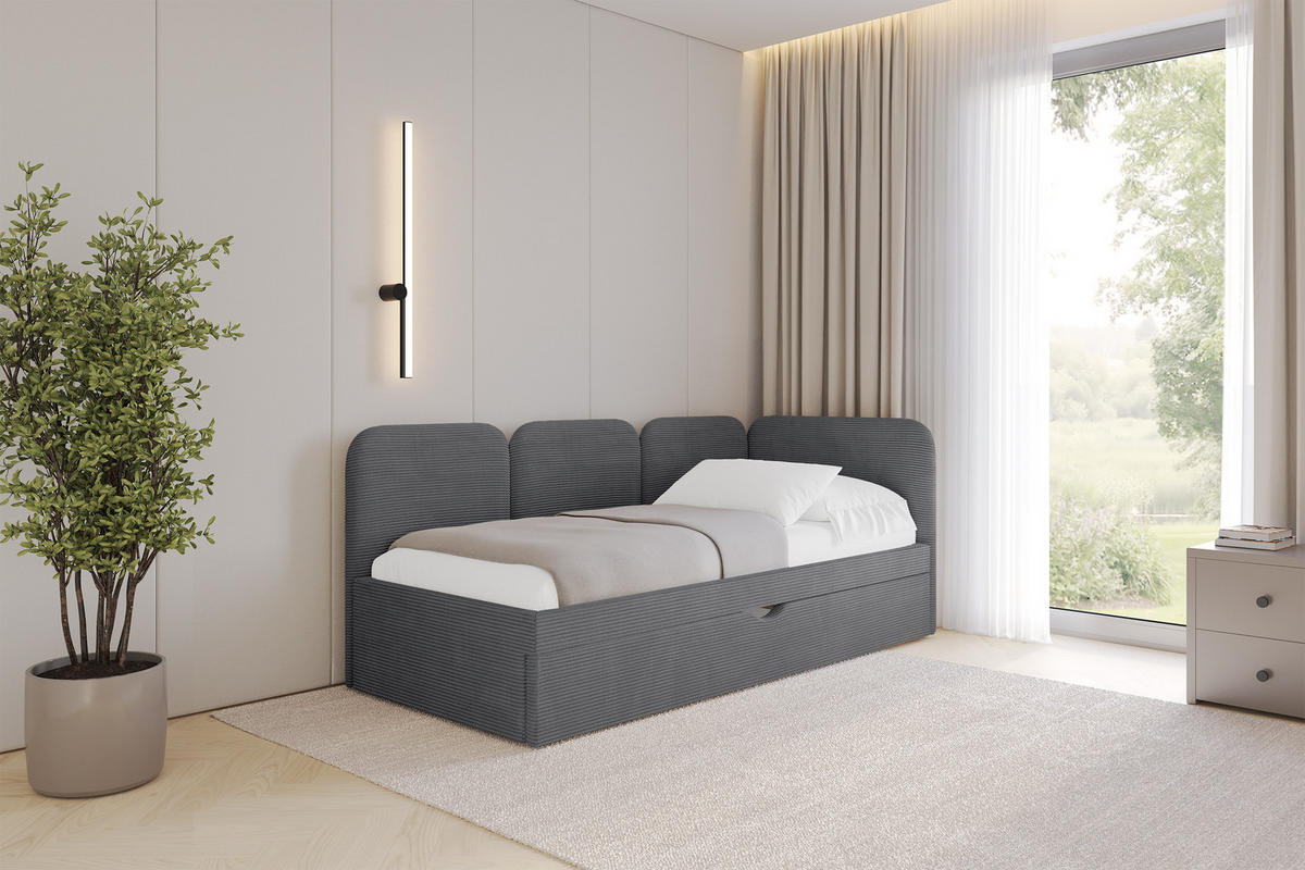 EINZELLBETT Jugendbett mit Bettkasten, Links - ALVY 80x200 Dunkelgrau - Dunkelgrau, Holzwerkstoff/Textil (80/200cm) - ALTDECOR
