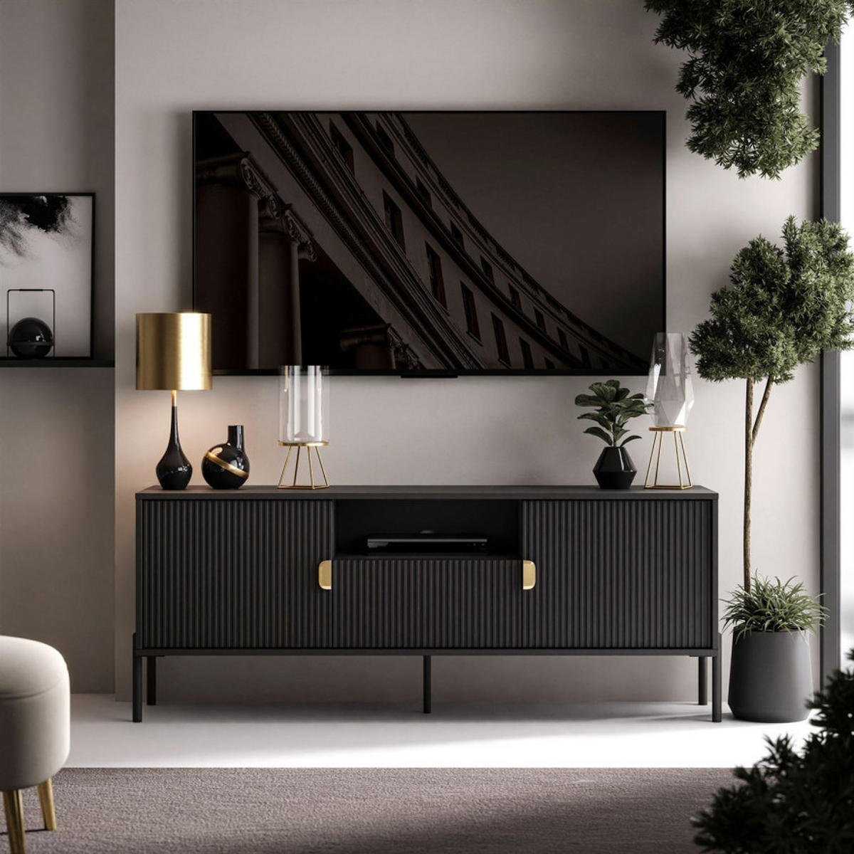 TV Rack DALIA 155 cm - Goldfarben/Schwarz, Holzwerkstoff (155/58/40cm) - Lookway