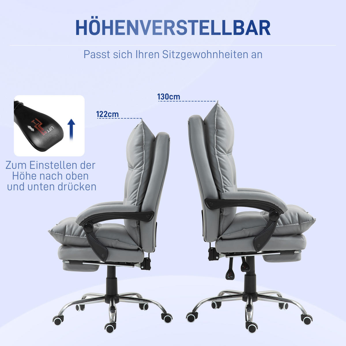 BÜROSTUHL mit Liegefunktion, Hellgrau - Hellgrau, Kunststoff (66/130/72cm) - Vinsetto