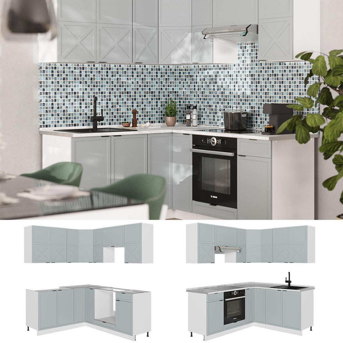 ECKKÜCHE Fame-Line Hellblau-grau/Weiß 160 x 60 cm ohne AP - Blaugrau/Weiß, Holzwerkstoff (190/81.6/46cm) - Vicco