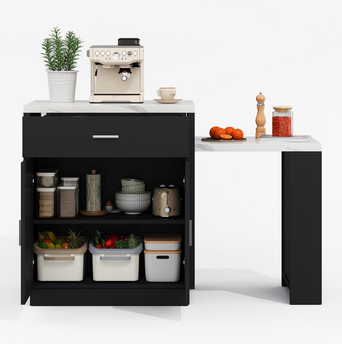 KUECHENINSEL mit ausziehbarem Esstisch 211 x 55 x 89,5 cm MDF Schwarz - Schwarz, Holz (55/89.5/211cm) - Beauniv