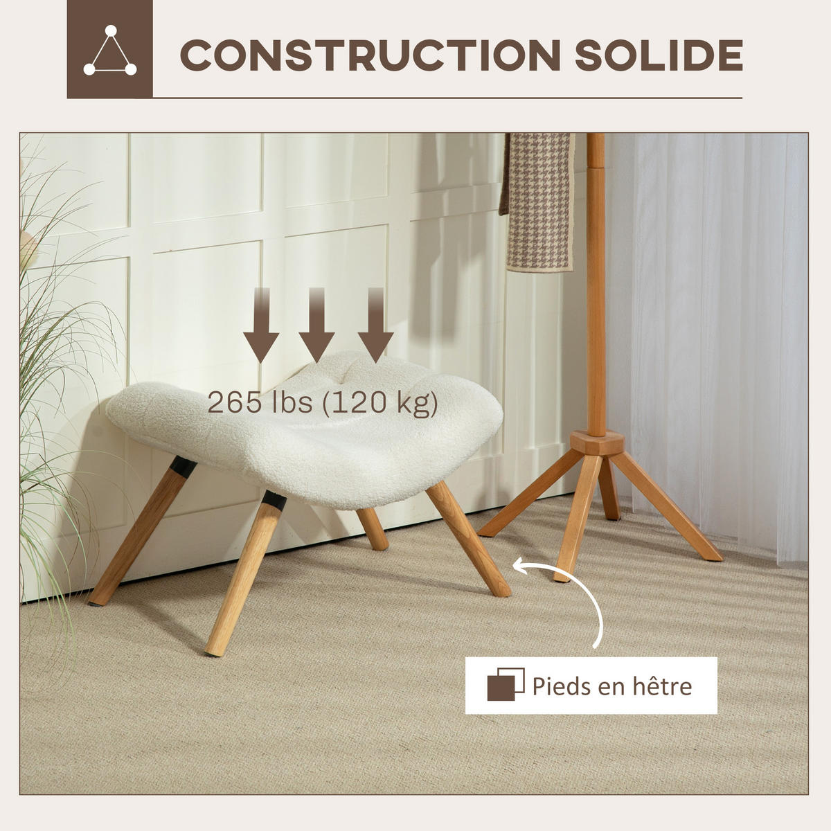 HOCKER DE-16395 mit gebogener Sitzfläche aus Berberfleece Creme - Creme, Holzwerkstoff (45/38/67cm) - ComfortXL