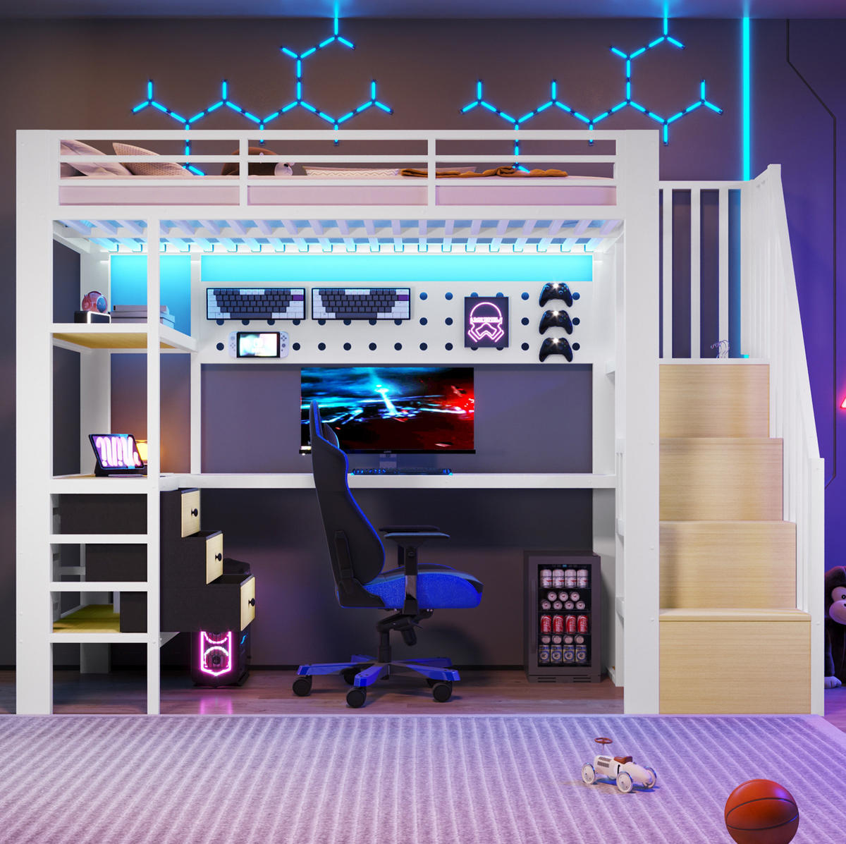 HOCHBETT 90/200 cm, Weiß mit Schubladen, Tisch, Steckdose und LED-Licht - Weiß, Metall (90/200cm) - MIVRAY