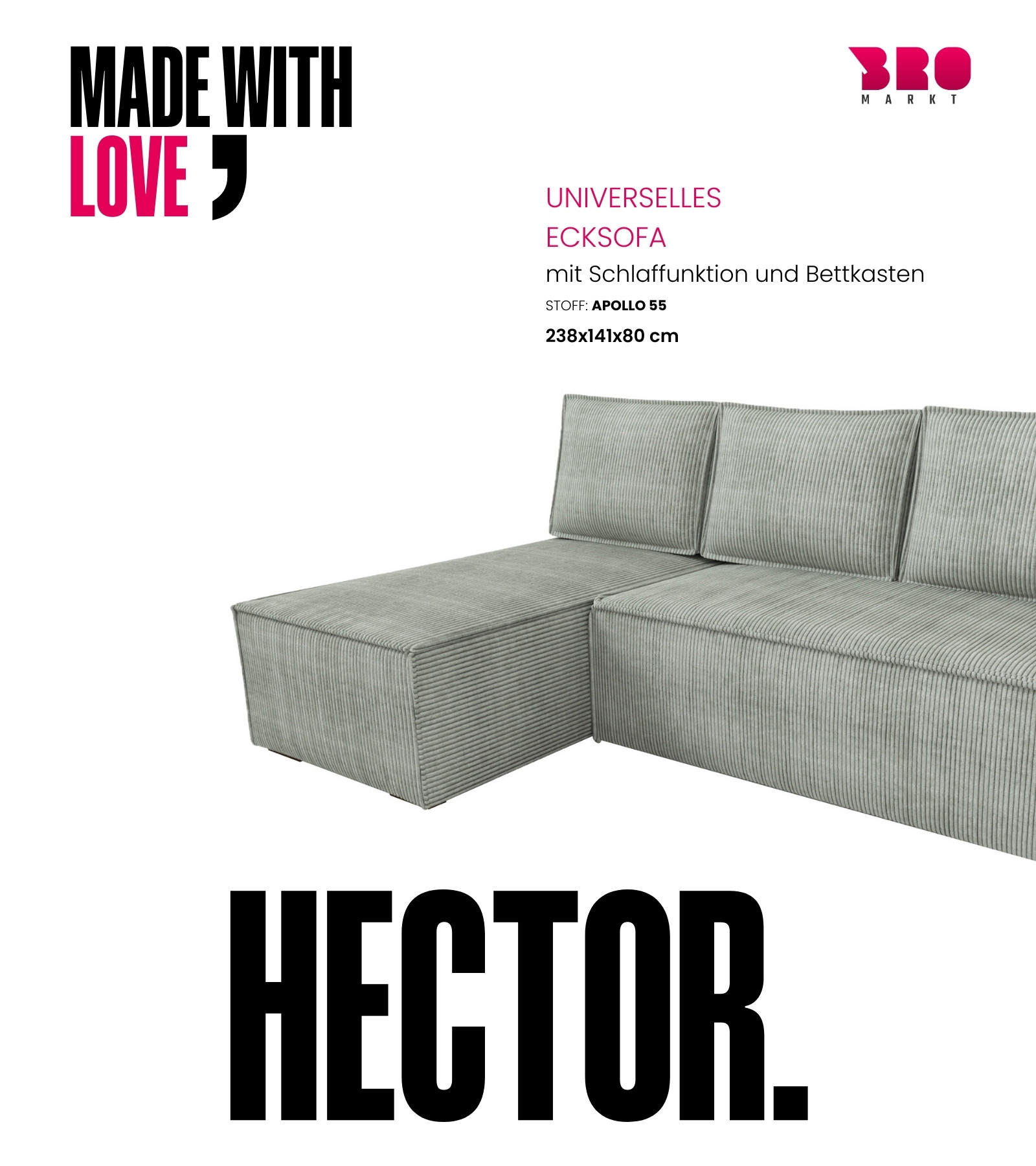 ECKSOFA Hector mit Schlaffunktion Grau Cord - Grau, Textil (200/141cm) - Bromarkt