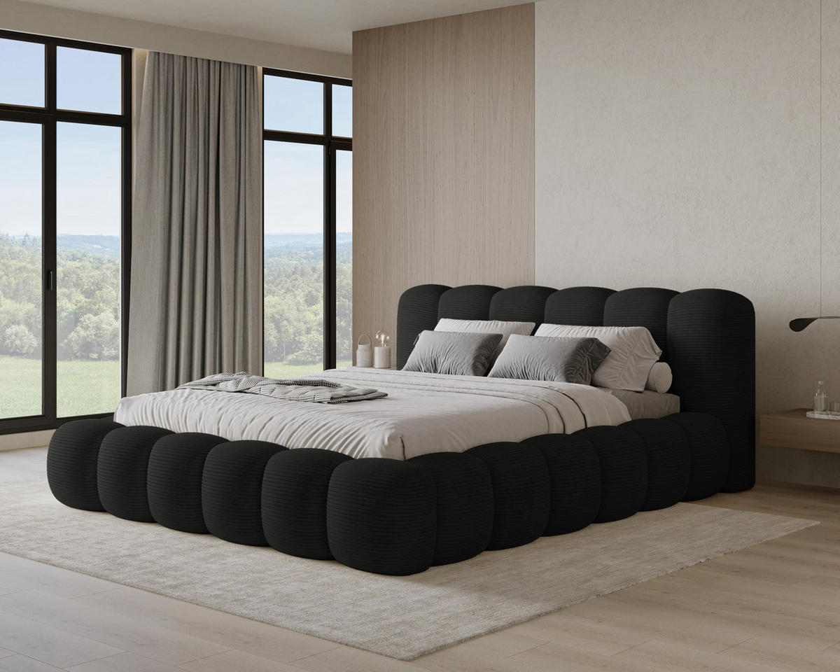 POLSTERBETT 160x200 mit Bettkasten, Lattenrost und Kopfteil, Poso Cord-Stoffbezug Schwarz - Schwarz, Holz (160/200cm) - Chilly