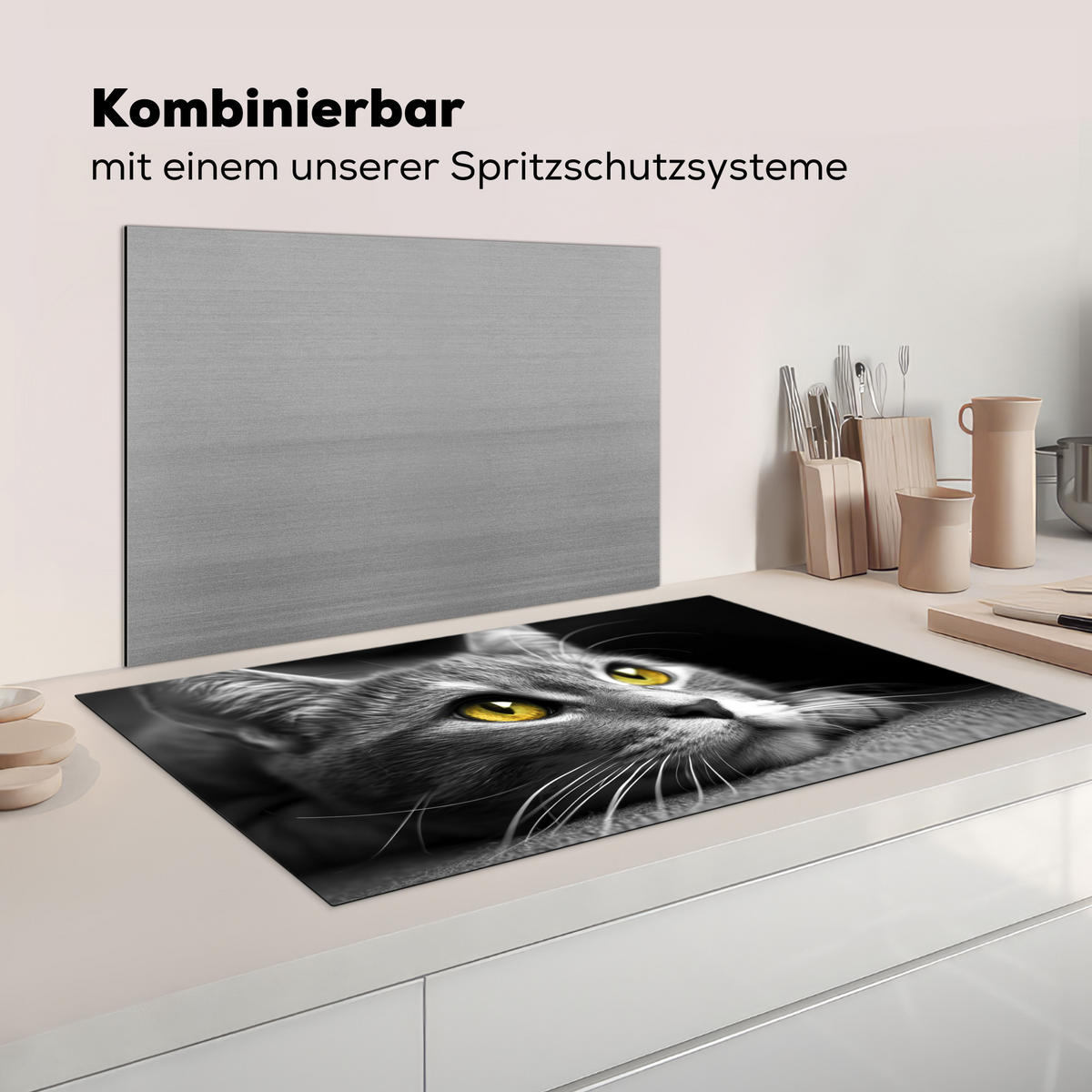 HERDABDECKPLATTE Katze - Grau - Tiere - Katze Induktionsschutz 91.6x52.7 cm - Grau, Kunststoff (91.6/52.7/0.2cm) - MuchoWow