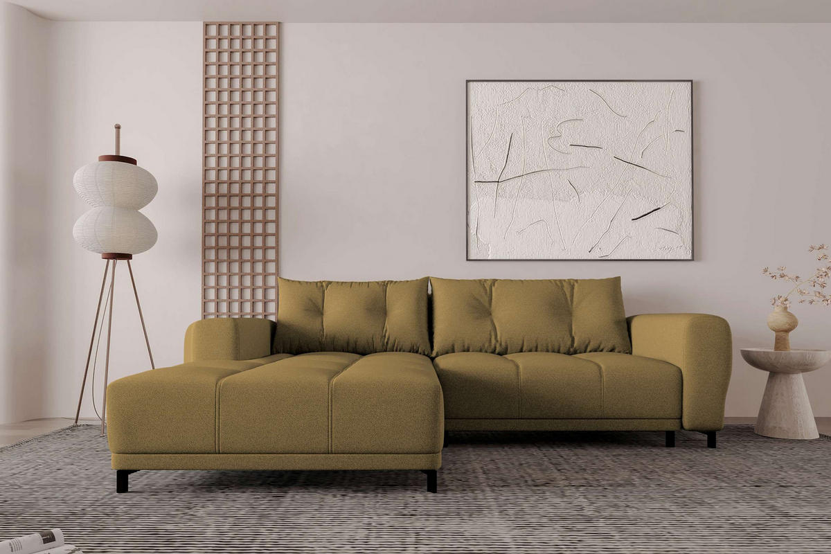 ECKSOFA Massimo Strukturstoff Olivgrün inkl. Schlaffunktion Links - Schwarz/Olivgrün, Textil/Metall (177/246cm) - 99rooms