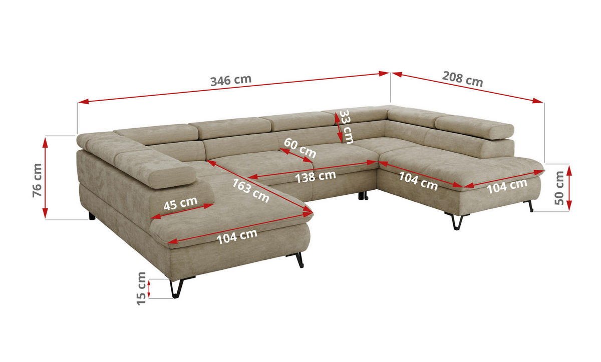 WOHNLANDSCHAFT PABLO U Schenille glatt Beige - Beige/Schwarz, Textil/Metall (346/76/208cm) - MKS