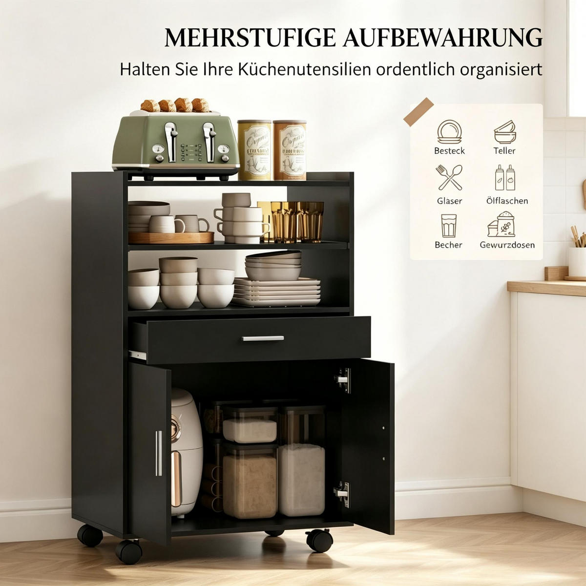 SERVIERWAGEN DE-38822 59/40/92 cm 4 Rollen und Schublade Schwarz - Schwarz, Holzwerkstoff (59/92/40cm) - ComfortXL