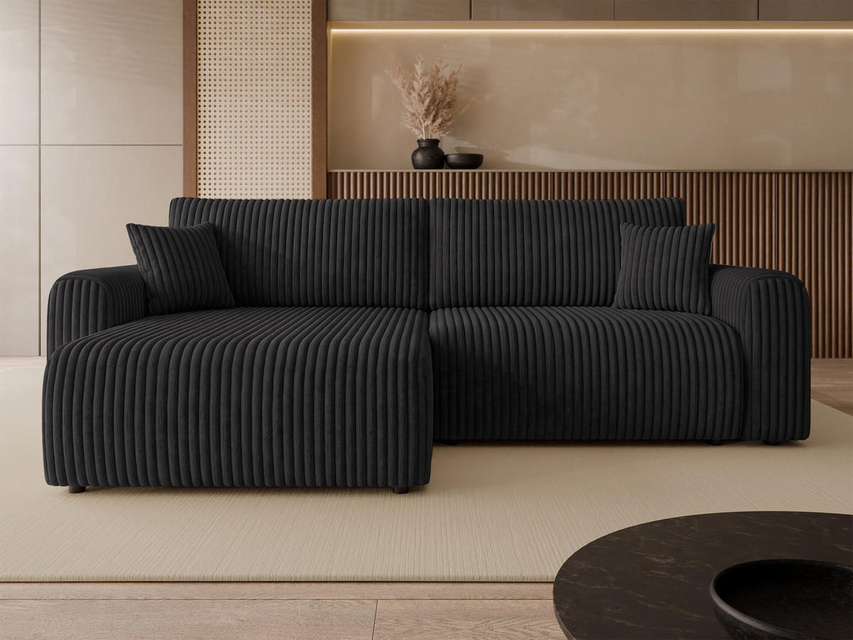 ECKSCHLAFSOFA Floryn L Cord Bis - Schwarz, Holz/Kunststoff (245/145cm) - MIRJAN24