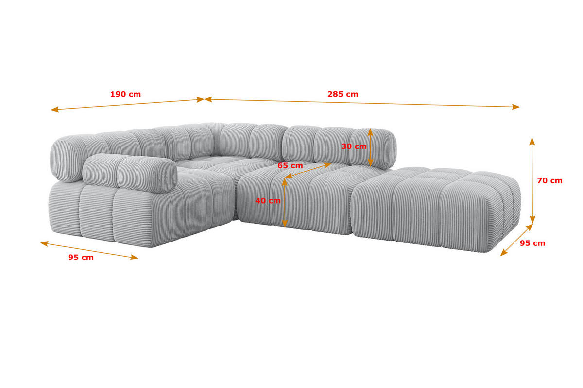 ECKSOFA modulares Sofa Felto-L1 - 285x190x70 cm Grau Cord - Grau, Holzwerkstoff/Textil (285/190cm) - ALTDECOR