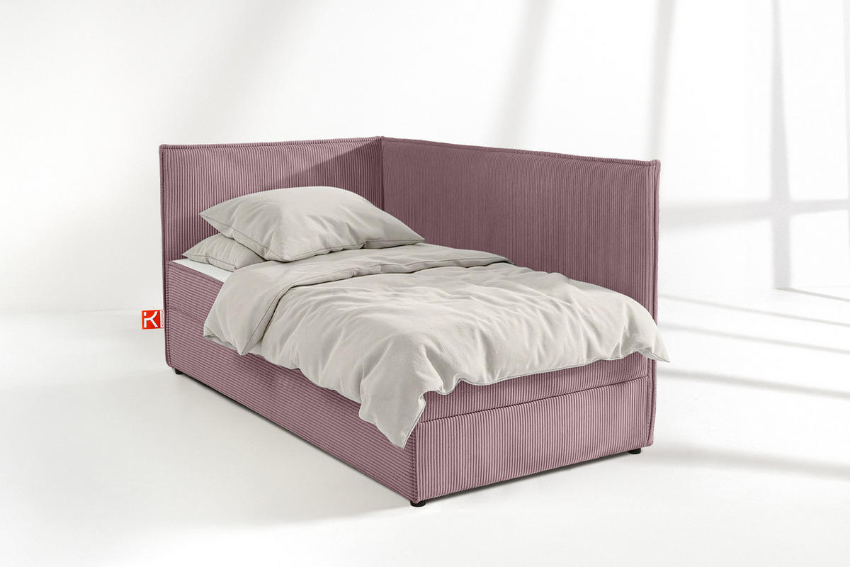 JUGENDBETT ROTI Einzelbett mit Bettkasten, 90x200cm, Bett mit Bonellmatratze, mit Rückenlehne - Lila/Schwarz, Holz/Holzwerkstoff (92/200cm) - KONSIMO®