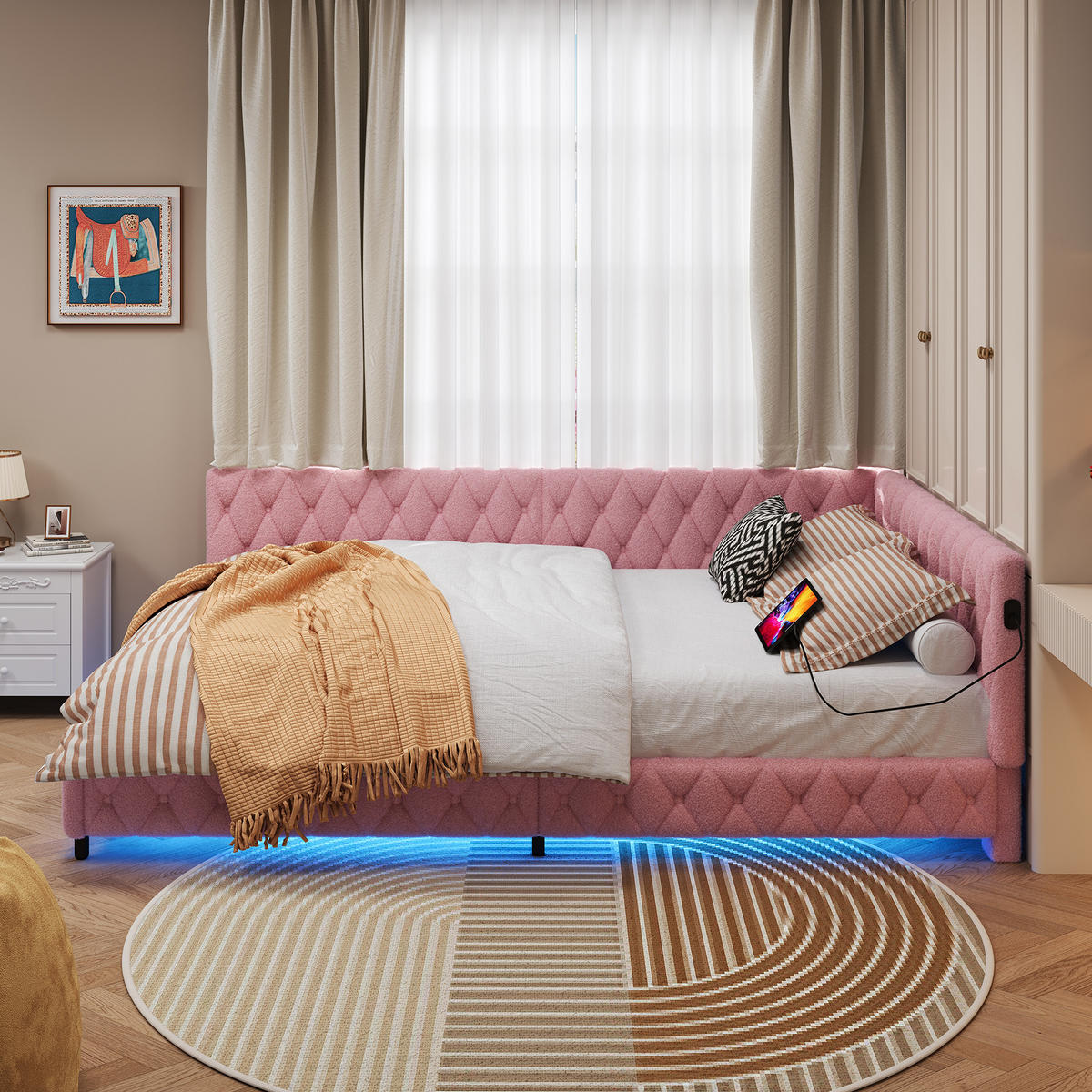 POLSTERBETT 140/200 cm rosa mit LED und USB - Rosa, Holz