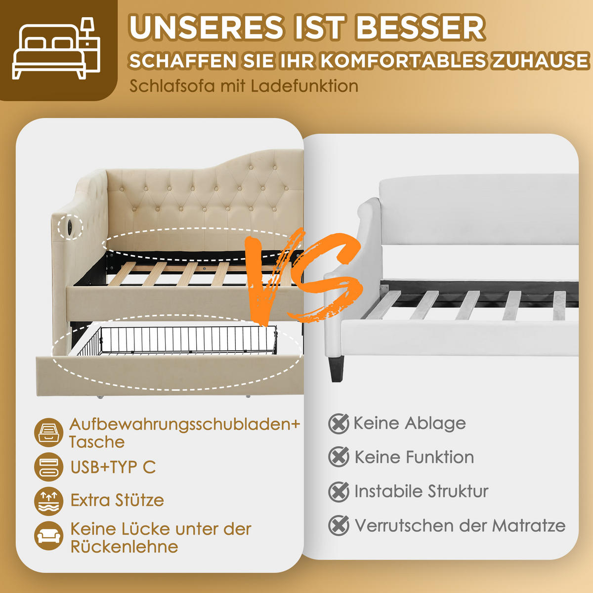 SCHLAFSOFA 90/200 cm in Beige Samt mit 2 Schubladen, USB und Type-C - Beige, Holzwerkstoff/Textil (90/200cm) - WISHDOR