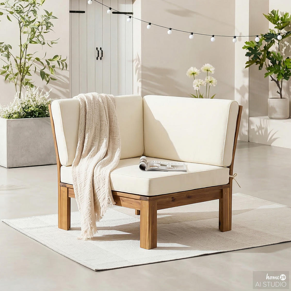 LOUNGEECKE - Webstoff / Akazie massiv - Weiß, Holz/Textil (71/73/71cm) - home24