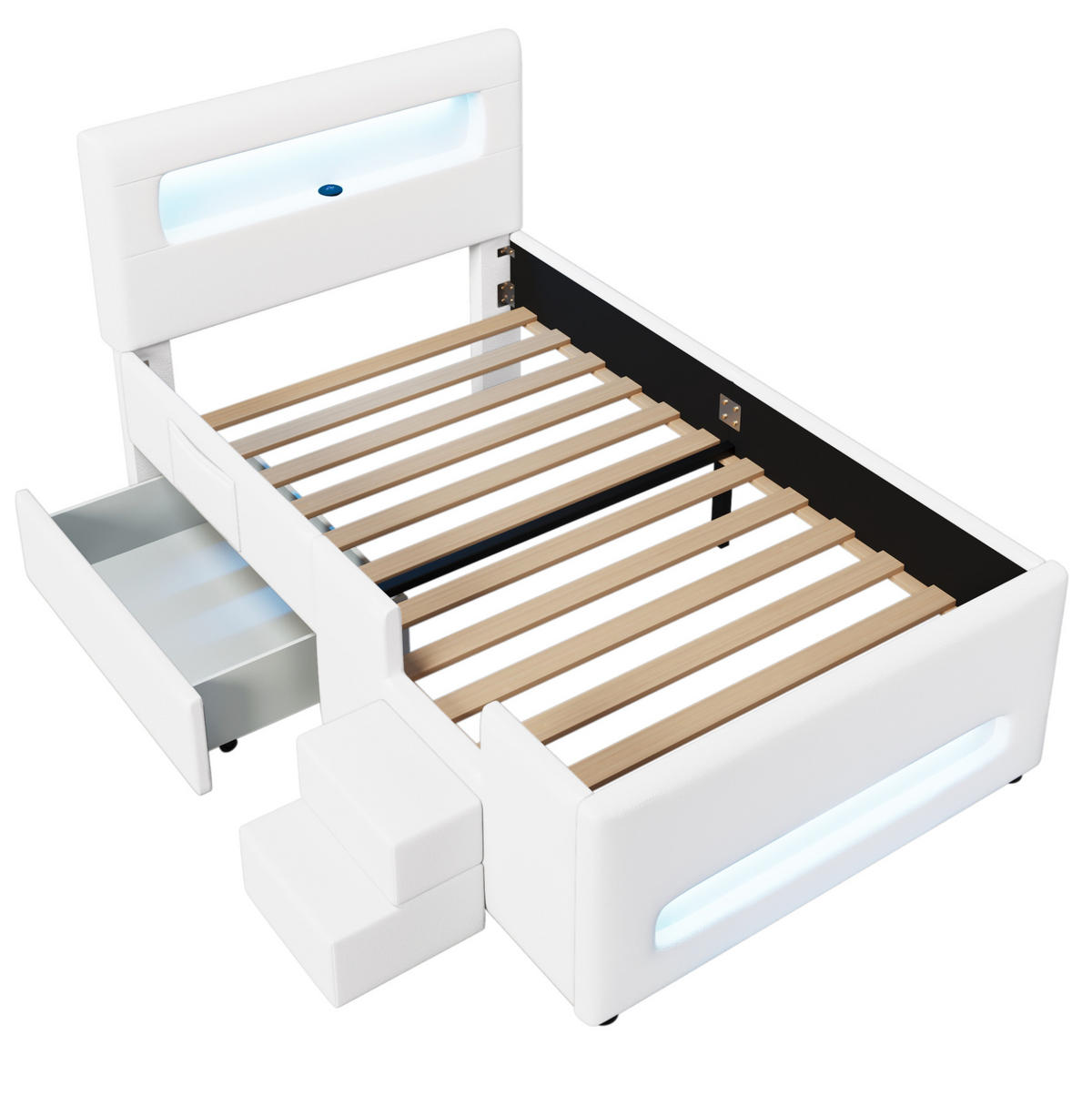 POLSTERBETT 90/200 cm weiß aus MDF und PU mit LED und Schublade - Weiß, Holzwerkstoff (90/200cm) - OKWISH