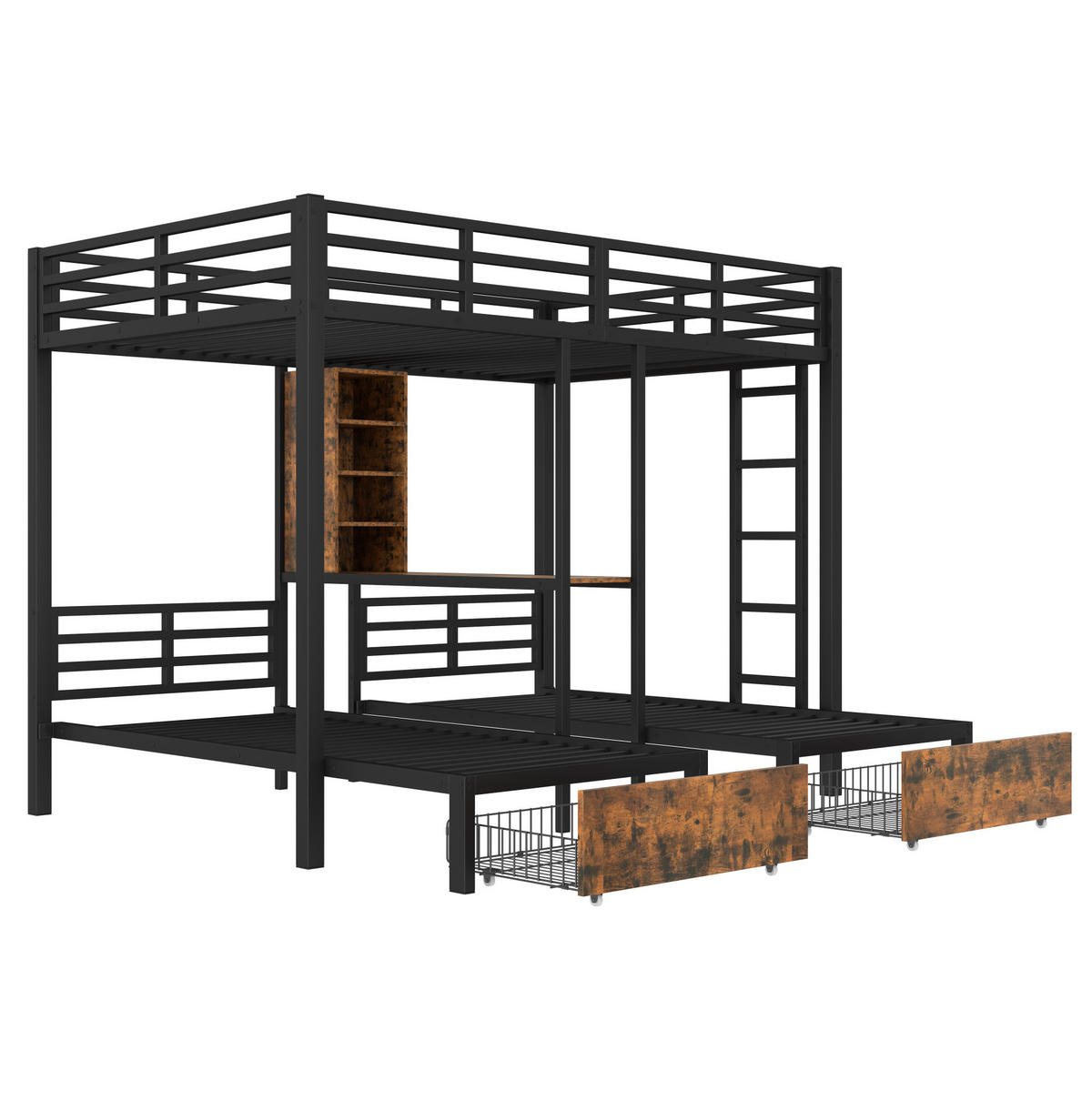 ETAGENBETT 140/200 + 90/200 cm aus Metall und MDF mit 3 Schlafplätzen und 2 Schubladen Schwarz - Schwarz, Holzwerkstoff (140/200cm) - Modenvie
