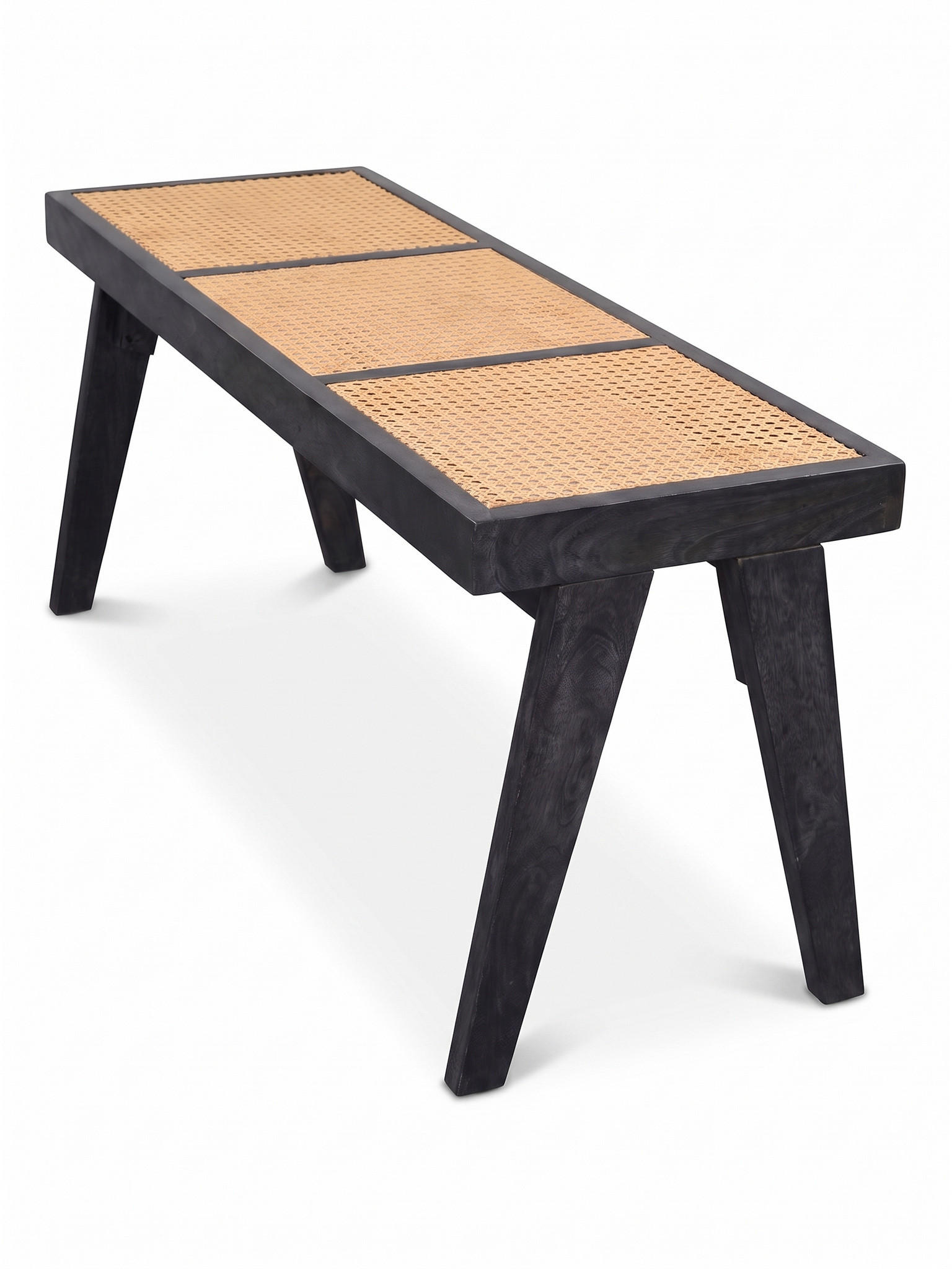 SITZBANK SILVES, Rattan, Schwarz-Natur, 120 x 38 x 48 cm - Beige/Schwarz, Akazienholz/Naturmaterialien (120/48/38cm) - KADIMA DESIGN