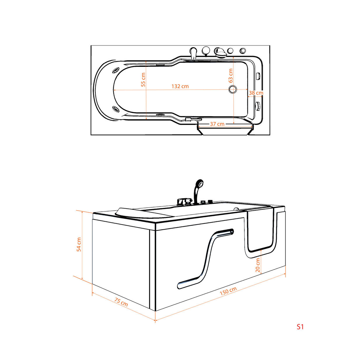 WHIRLPOOL Seniorenwanne mit Tür S17-EH-WP-L 150x75cm - Weiß, Glas/Kunststoff (75/54/150cm) - AcquaVapore by Sandra Jentho
