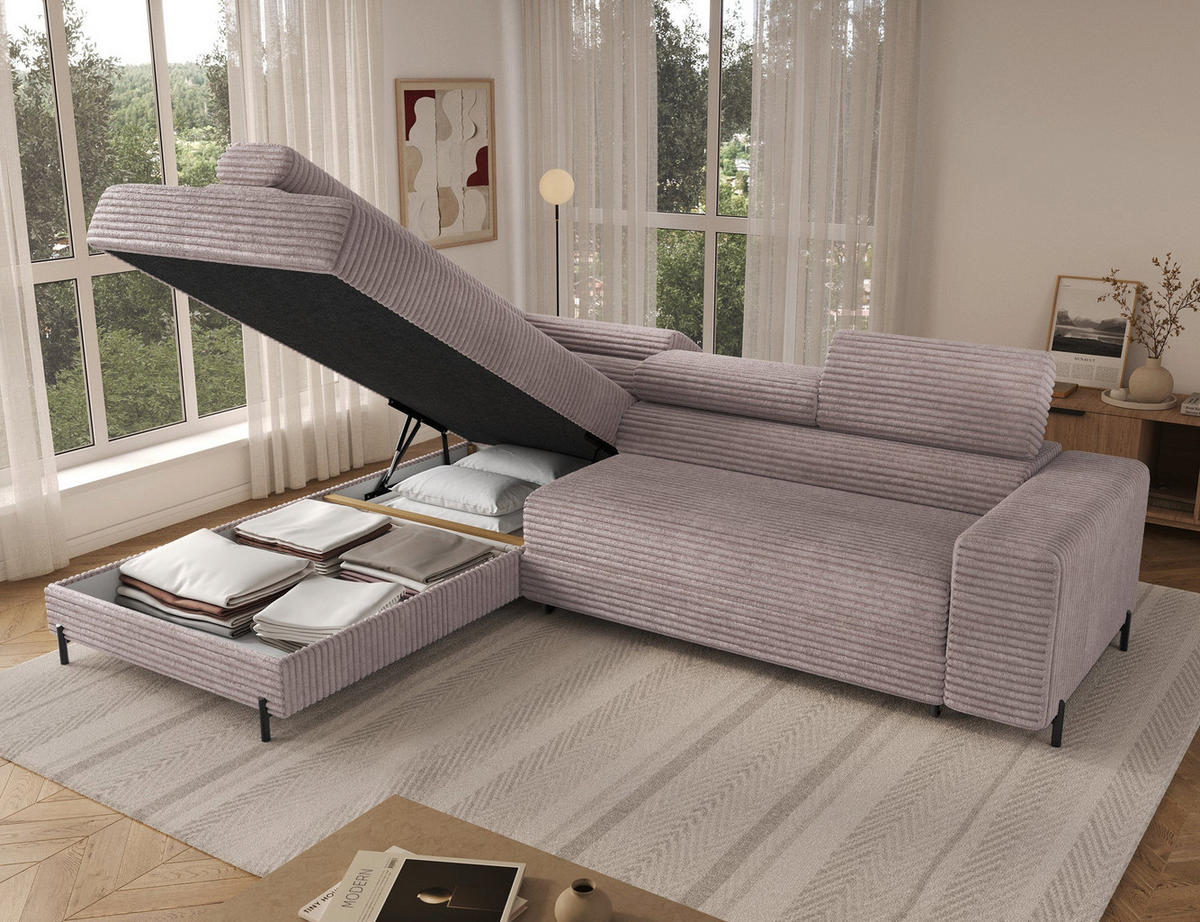 ECKSOFA COLESIO L-Form, Schlaffunktion, Bettkasten, verstellbare Kopfstützen, Wellenfederung, Metallfüße, breiter Cordstoff - Schwarz/Grau, Kunststoff/Metall (269/204cm) - Wohnideebilder