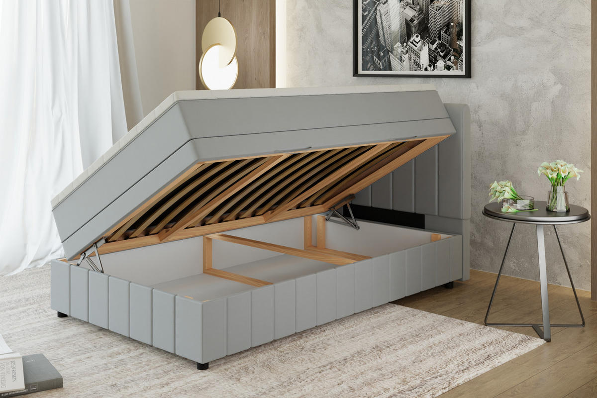BOXBETT AVALON 120 x 200 cm mit Bettkasten und Topper - Hellgrau - Hellgrau, Holz - Panda Möbel