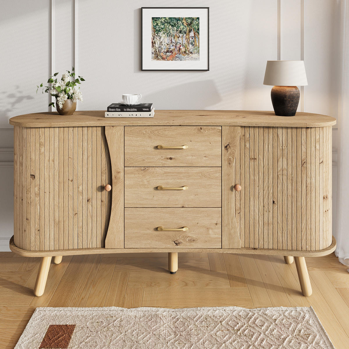 KOMODA, videz lesa, v obliki graha, z 2 drsnimi vrati in 3 predali - naravne barve, leseni material (150/75/36.5cm) - Urban Meuble