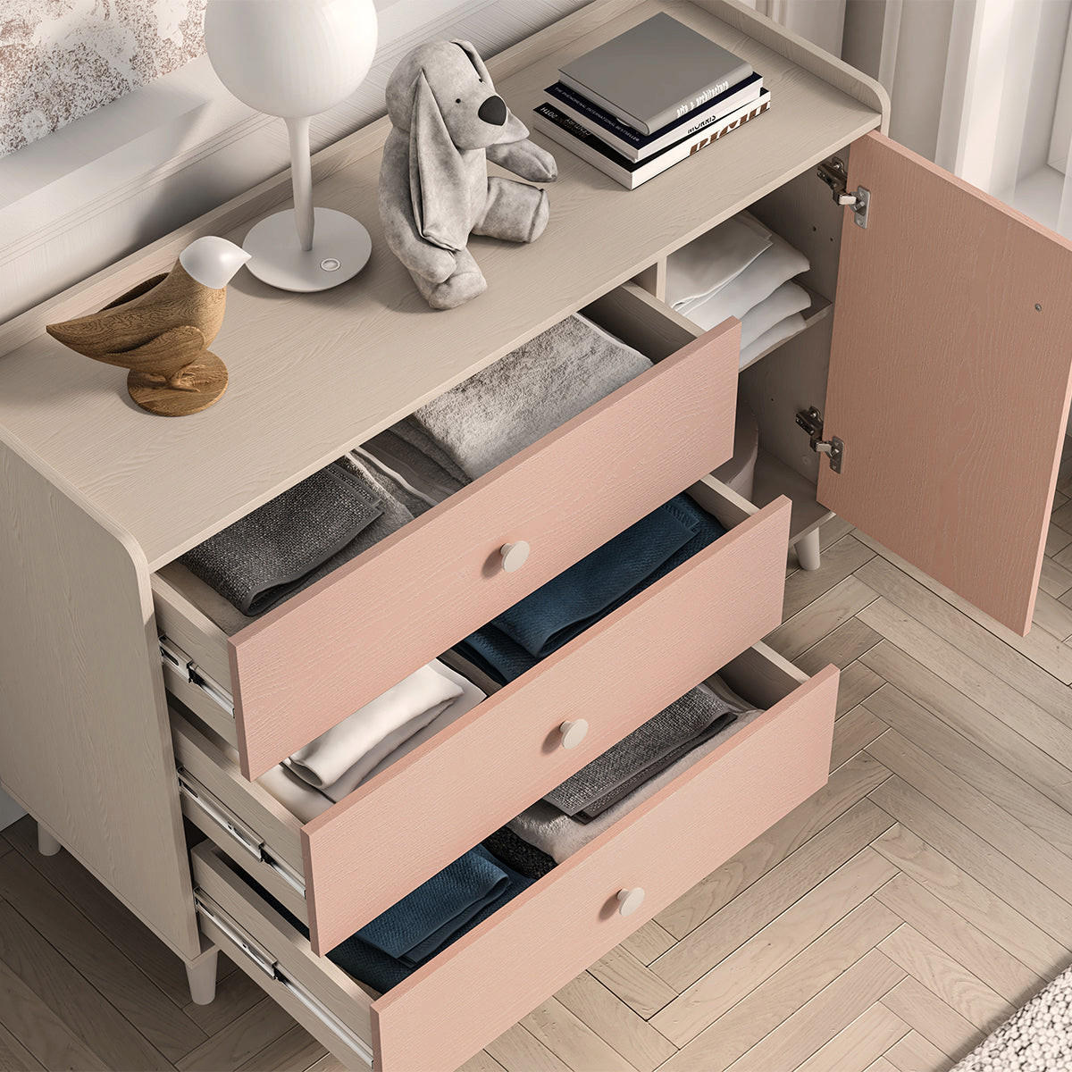 OTROŠKA KOMODA Alycia Bež - Koralno roza - Lesen učinek - pink, les (120/85/40cm) - Petits-meubles